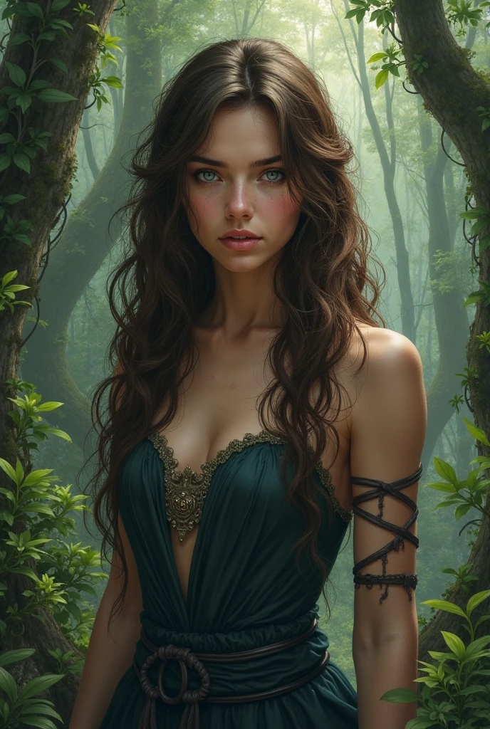 Katherine Langford, wearingelegant sexy clothes, stand in the forest, character portrait, 4 9 9 0 s, long hair, intricate, elegant, highly detailed, digital painting, artstation, concept art, smooth, sharp focus, illustration, art by wlop, charlie bowater and alexandra fomina