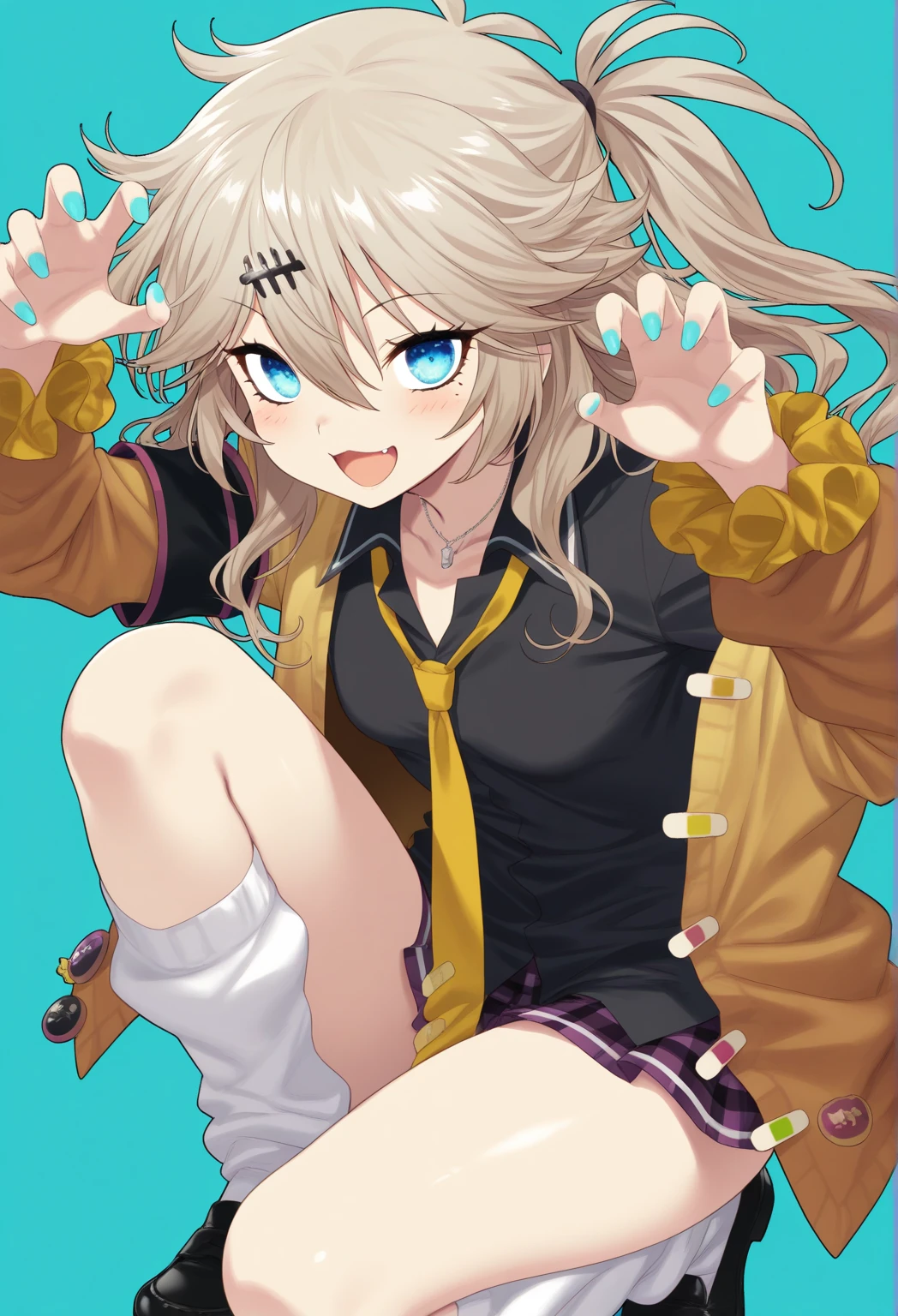 (masterpiece, best quality, detailed), 1girl, solo, looking at viewer, KemiiHS1, long hair, brown eyes, blonde hair, hat, peaked cap,
<lora:edgRaveGirls:1>, edgRavegirl, socks, hood, miniskirt, (multicolored clothes, colorful, multicolored skirt, multicolored legwear), fishnets, fur leg warmers, skirt, hood up, stage, stage lights, spotlight, concert, audience, <lora:standing_split:0.9> standing split, standing on one leg, smug, smile, closed mouth, v-shaped eyebrows, blush
