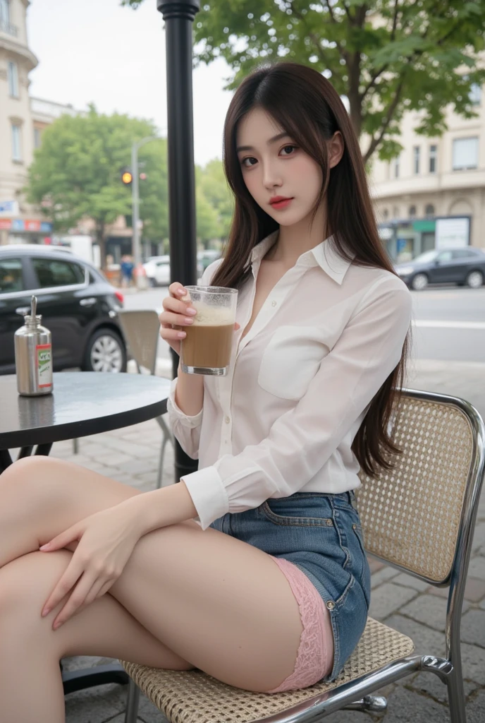 NSFW, (8k, best quality, masterpiece:1.2), (realistic, photo-realistic:1.37), ultra-detailed, 1 girl, looking at view, cute, beautiful detailed sky, detailed cafe, night, sitting, dating,(nose blush), sitting before a table, table with afternoon tea, (smile:1.15),(closed mouth) medium breasts,beautiful detailed eyes,(collared shirt:1.1), daytime, sunshine, business attire, rain,white lace, (long hair:1.4),silver hair NovaFrogStyle, uniform, white skin,cinematic light,sunshine,street light, (av actress: 4), full body image,(tea table:1),(hand bag:1), ulzzang-6500-v1.1:0.3, karinak-4501-6300:1.2