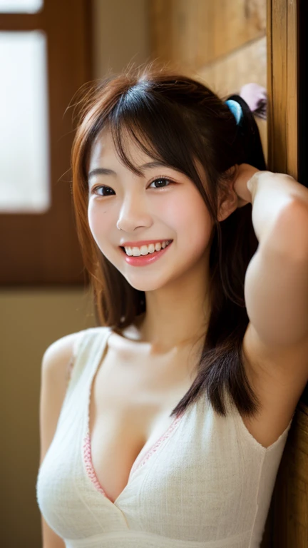 masterpiece,best quality,(Japanese ),((Beautiful girl)),cleavage,studio,(perfect body beauty:1.2),(shy smile),beautiful teeth,