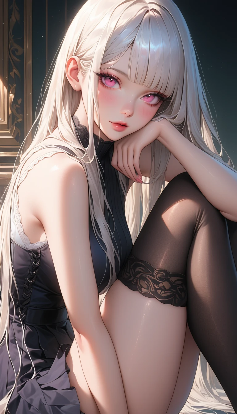 quadratic element，cabelos preto e longos，Long hair and waist，Wearing lace underwear and panties，Lie in bed and look directly at the audience，Eyes are confused（36 24 36）