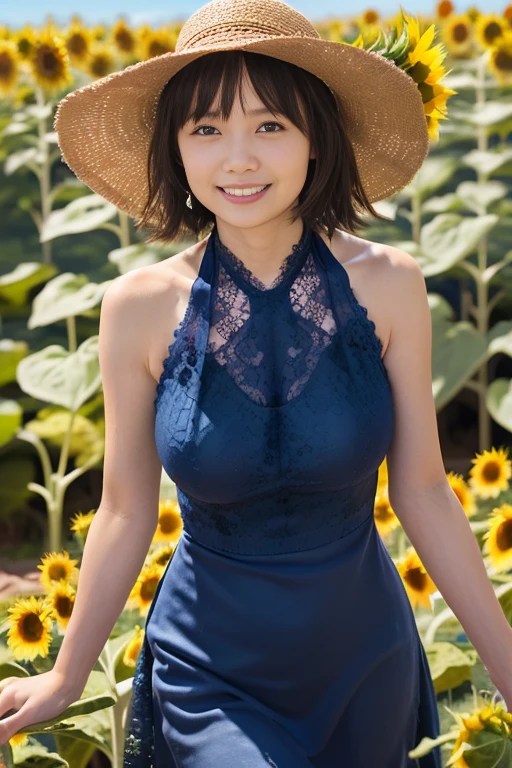 Beautiful Spanish girl、A high-cut leotard made of thin satin that clings to the skin、Genitals are visible、pubic hair、Sitting with legs apart、Living room with a view of the sunflower field、Smiling Face、short hair、Large Bust、