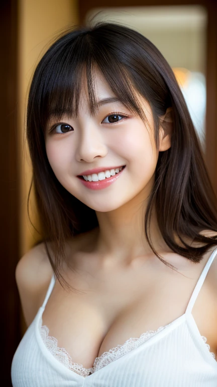 masterpiece,best quality,(Japanese ),((Beautiful girl)),cleavage,indoor,(perfect body beauty:1.2),(shy smile),beautiful teeth,