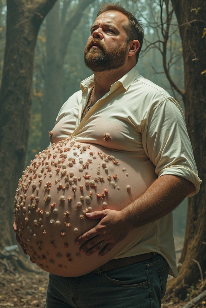 A man with a belly the size of 1000000000000000000 meters, pregnant for 10000000000000000000 years, with a pregnancy belly of 1000000000000000000000000000000000000000000000000000 meters, muscular, handsome, and of normal size, but with a giant pregnancy belly that shows purple veins on his body, very, very, very big. The belly has to be so big that it spills over and reaches the ground, and the purple veins must be visible. He's a normal size but the belly reaches the ground as if he has a planet in his stomach. The belly has to reach the ground and the man has to be on Earth. The belly has to be veryyyyy large. The belly has to be gigantic and the veins have to be black. The belly very, very gigantic. The belly has to reach the floor like it weighs a lot.