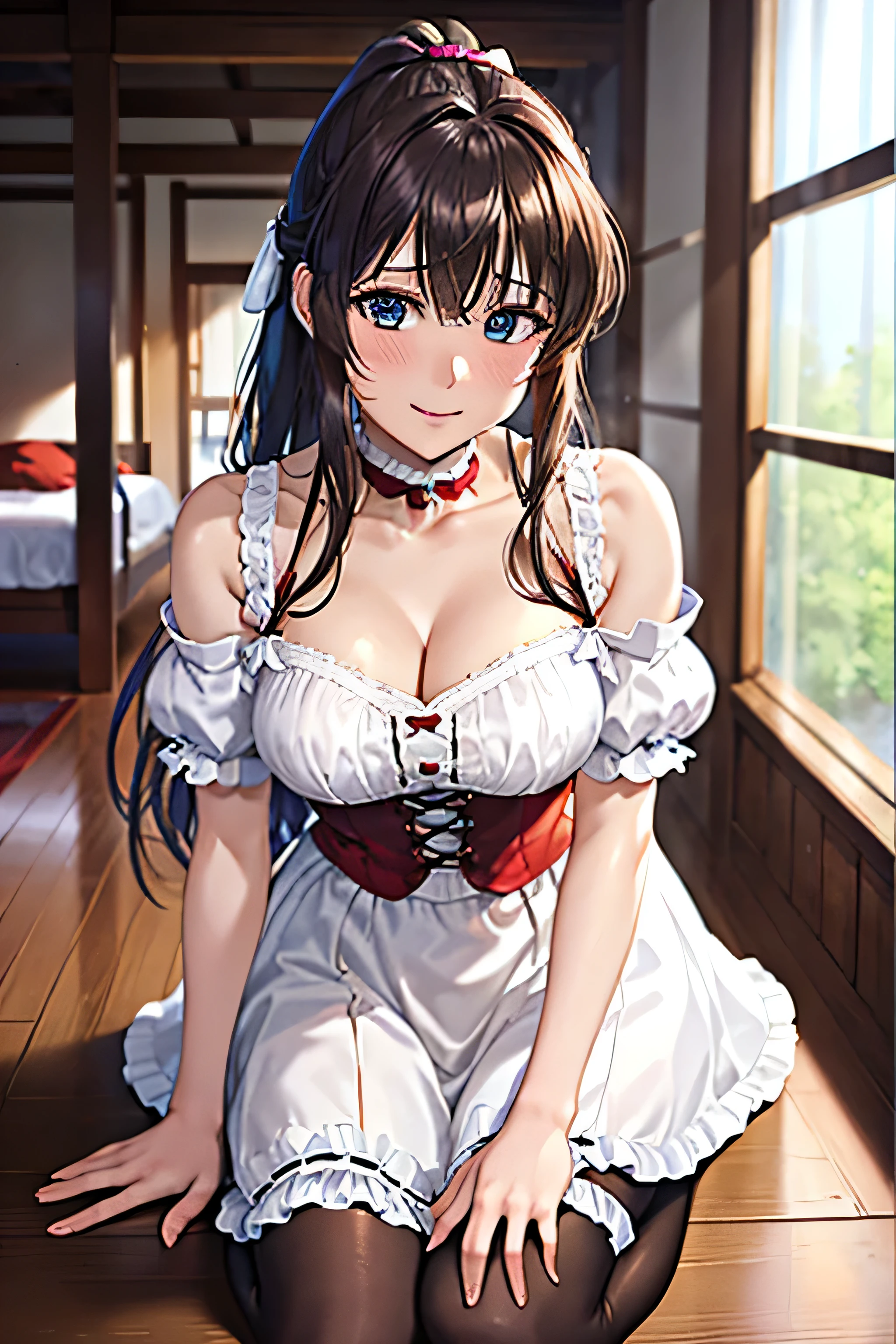 ((highest quality)), ((masterpiece)), (get used to it:1.4), 3D,HDR (high dynamic range),ray tracing,NVIDIA RTX,super resolution,unreal 5,scattered under the water,PBR texturing,Post-processing,anisotropic filtering,Depth of written boundary,Maximum clarity and sharpness,multilayer texture,Albedo and specular maps,surface shading,Accurate simulation of light-matter interactions,perfect proportions,octane rendering,two-tone lighting,wide aperture,Low ISO,White balance,Rule of thirds,8K RAW, Limited to one woman, (((from up))), (((From front))), BREAK beautiful hair, beautiful face, fine and beautiful eyes, beautiful body, beautiful breasts, beautiful thighs, beautiful feet, beautiful fingers, (beautiful scenery) ,BREAK honjoji akira,breasts, waitress,very_long hair,panties, leg ribbon, red_eyes, red_hair, large breasts,thigh ribbon, cleavage, ribbon, choker,hairband,very long hair,apron, short sleeves , streaked hair, piercing, hair intakes, ear piercing, colored inner hair,( low rise:1.3),