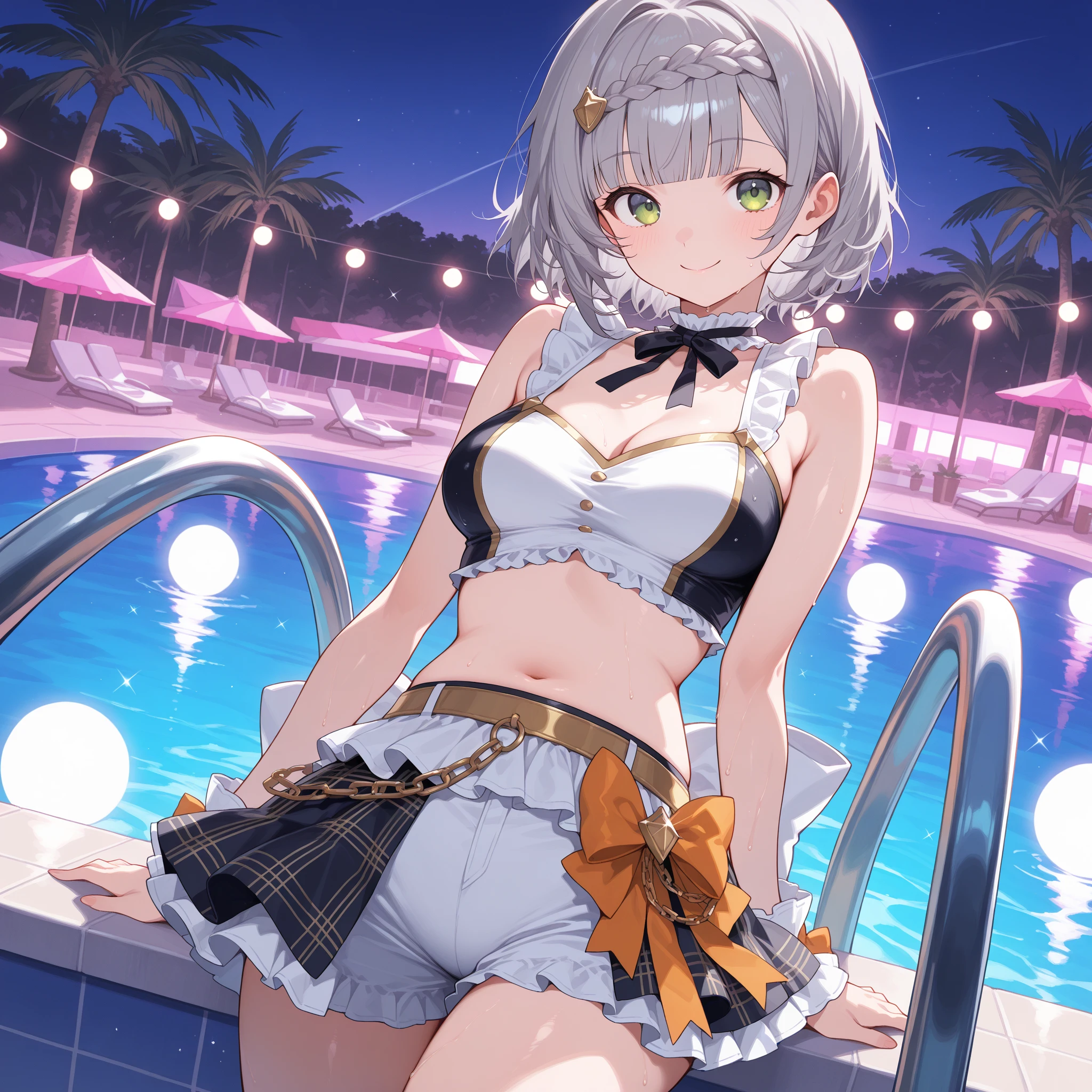 fireflydef, bow, hairband, hair ornament, grey hair fireflycus, hairband, hair ornament, grey hair, underwear, cute, sexy, background,seaside