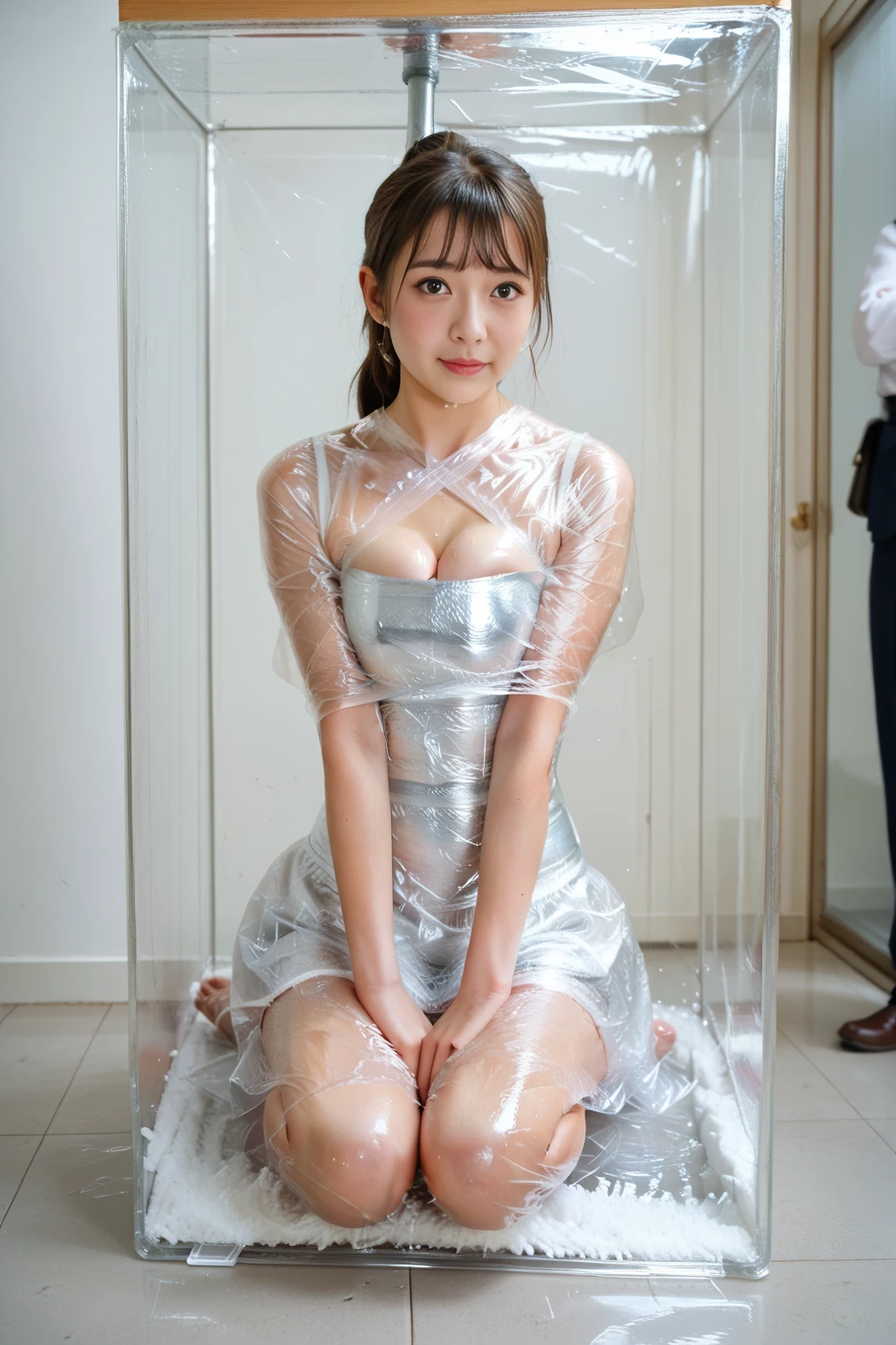 (standing by a crutch, in a shabby hospital room), ultra high res , The highest quality, 32K, masterpiece, (portrait), 1 female, (full body shot), whole hospital room shot, smile face, ((wrapping whole body by white bandages)), (exposed natural huge breasts),
