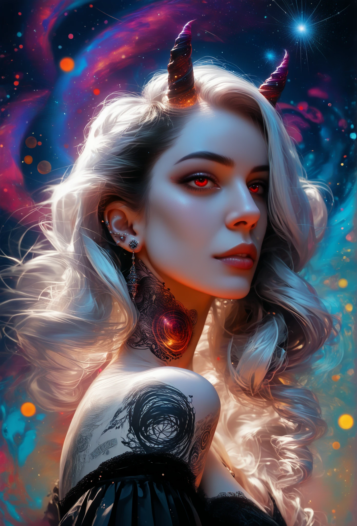 Masterpiece, Need for Good, 1 Man, Adult, Mature Woman, Tall Muscle Man, Dark Theme, Magic Array, Bubbles, Rainbow Sunlight, Underwater, Mirror, Floating Glass Sheets, Rainbow Light, Bubble Swirl, Wind Vortex, Aurora, Fantasy Landscape, Starlight Around the Character, (Upper Body), Naked on Upper Body, with a unicorn tattoo