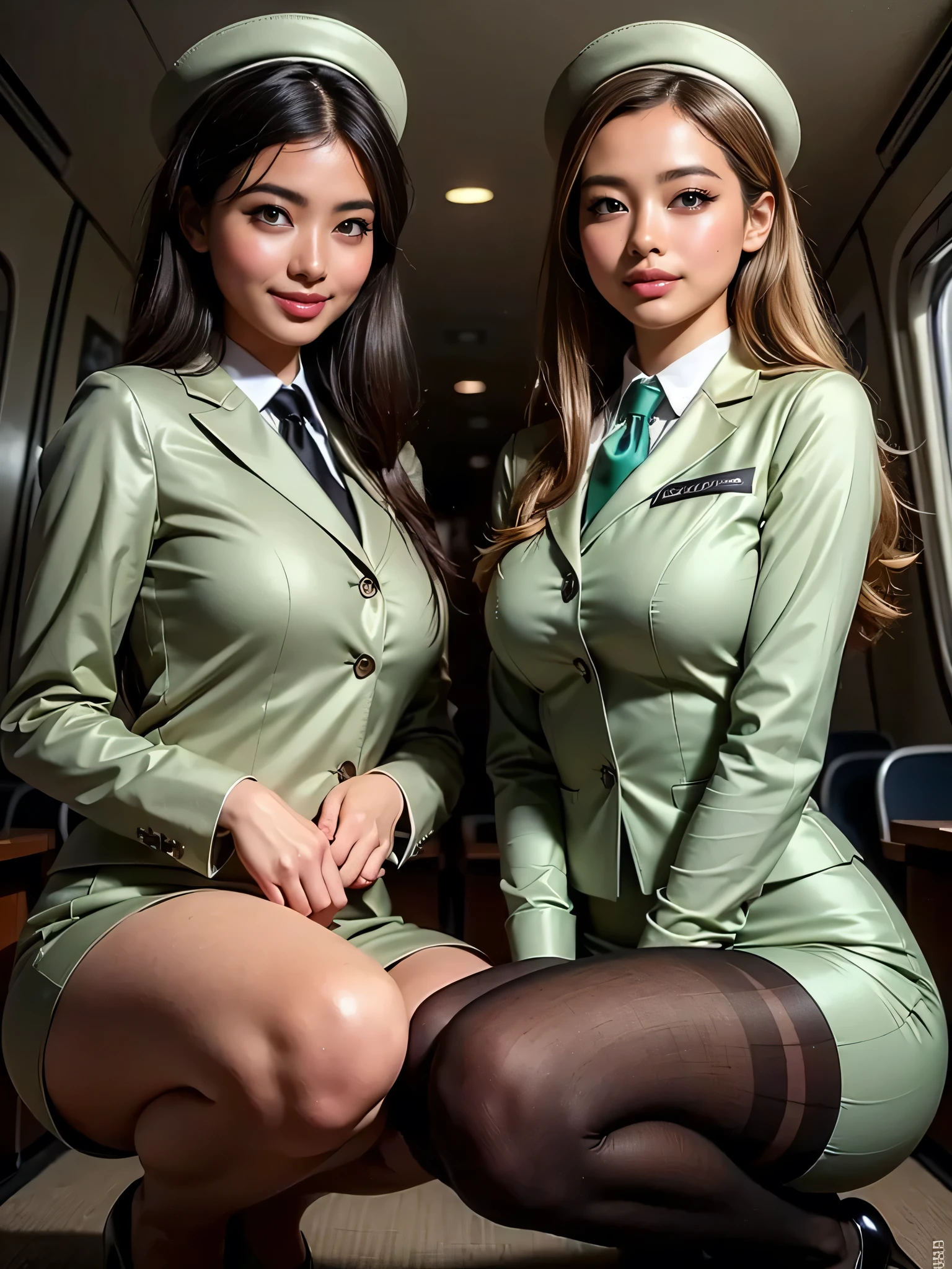 (best quality, masterpiece:1.5), (ultra-detailed, realistic:1.5),4K,(cute,beautiful,woman),(big breast:1.2),(blonde),(stewardess),(tight skirt:1.2),(black pantyhose),(high heels),beauty legs,(smile:1.2),