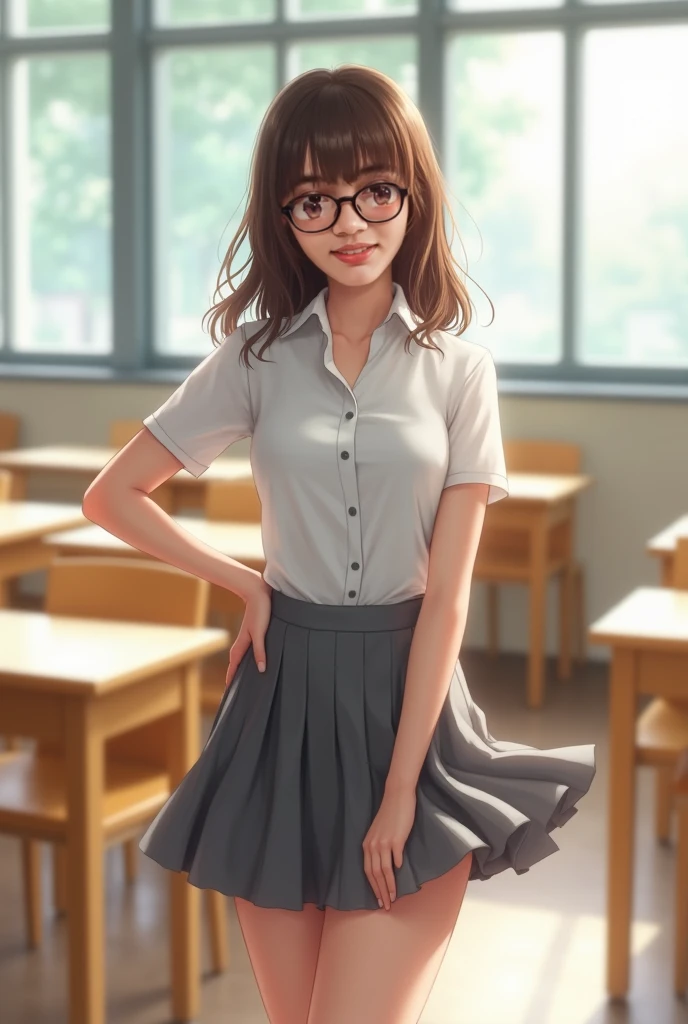 (masterpiece, professional photo:1.1), (8k, high resolution), single, solo women, European, (((twirly curly messy black hair ))), sexy curve, beautiful face, ultra detail eyes, (glasses:1.1), large breast, ((school girl uniform:1.2)), sexy goddess, School, high quality image, voluptuous, ((Full Body Portrait)), Ultra Detailed Beautiful Girl, Cinematic, Cinematic Light, Realistic, 3d Rendering, Highly Detailed Face, Highly Detailed, Realistic Appearance, Lifelike, Realistic Girl, Highly Detailed Hair, bow in hair, plaid pleated skirt, doll shoes