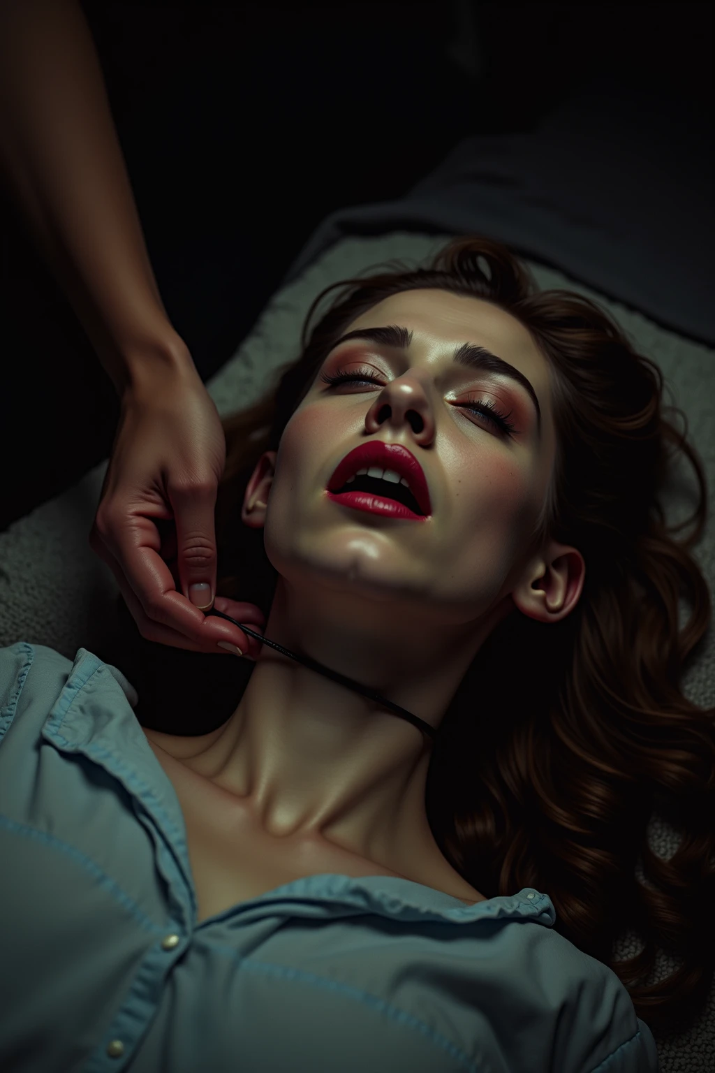 A life-sized demon hand slowly descending toward a female navel on a slim naked sweaty female body on a bed. The hand should be highly detailed and realistic, with its demon scales and delicate body clearly visible. The female navel should be in focus, with sharp details such as the navel and the texture of the stomach. The scene should convey a sense of closeness and tension, capturing the moment as the demon hand approaches the navel. She is naked, sweaty. busty boobs, slim waist. Zoomed out shot. Full body view, sweaty body, pubic hair, highly realistic, high details, high details