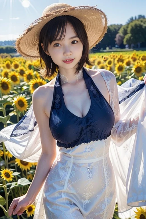 ((Best Quality, 8K, masutepiece: 1.3)),sharp: 1.2,Perfect Body Beauty: 1.4,Cute Girl,Short hair,Large breasts,Highly detailed face and skin texture,Detailed eyes,Double eyelids,Smile,very short length white shirts with open chest,((Fantasy)),((Witch)),spreading arms,Spread legs,(Wide Shot),Blue Hour
