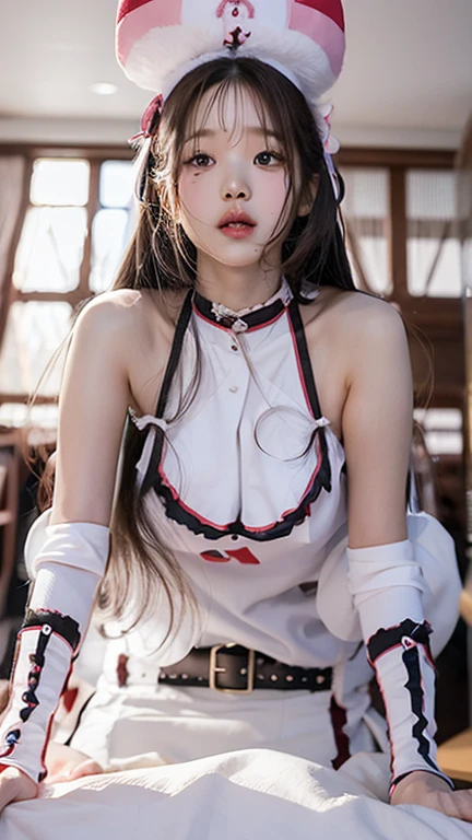 A photorealistic picture of an 18 year old beautiful Korean girl with big beautiful eyes wearing gorgeous priestess robes, (jet black hair: 1.6), (solo:1.8), (elegant: 1.2), gorgeous, short hair, wind, (petals: 1.4), ((masterpiece))), ((best quality)), (ultra-detailed), (dynamic angle), (floating), ((loose hair)), ((beautiful detailed face)), collar, bare shoulders, bare arms, bare legs, exposed midriff, ,beautiful detailed eyes, (high saturation),The belly button is exposed,Are thin,Slim figure,Flat Chest,Small breasts,Small hips,Small breasts,Microscopic milk,Small waist