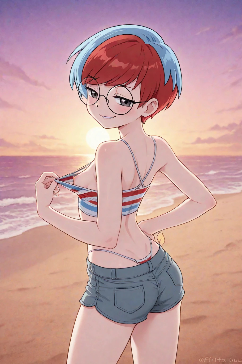 girl, (eyes, eyeshadow, detailed eyes), (hotify,digital art,fit,hot body,instagram:1.2),(vector:1.4), (Retro,Sky Background:1.4),Thicc,Oppai,(Sunbathing),Very Short Hair,Bouffant,(lavender Ruffled Top,Harem Pants:1.3),fate/extra,V-kini ,(masterpiece,detailed,highres:1.4)