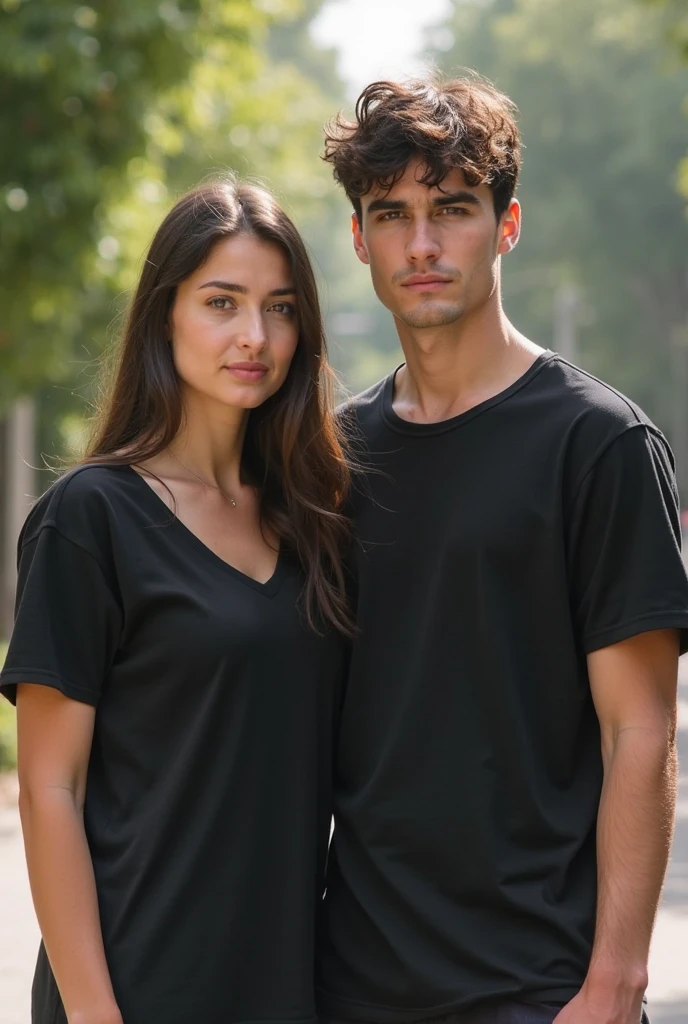 a couple, modeling together, wearing a plain white cotton fabric t-shirt, in a beautiful park scenery, showcasing the t-shirt as a mockup. (best quality, highres), vibrant colors, soft natural lighting, romantic atmosphere