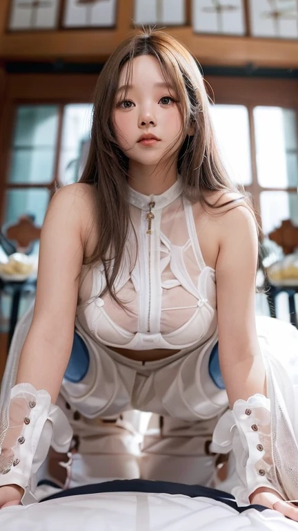 maidennurse、Bare-skinned maiden、Viscous clear liquid、tentacle licking、Lie face up、Hands separated by chains、strife、distress、insertion、(Off-shoulder translucent wet white blouse)、(Loose red tie)、((Translucent wet white panties)),Transparent stockings、Wet silver-white hair、(blue eyess)、(she is soaking wet),((Twisted mini skirt))