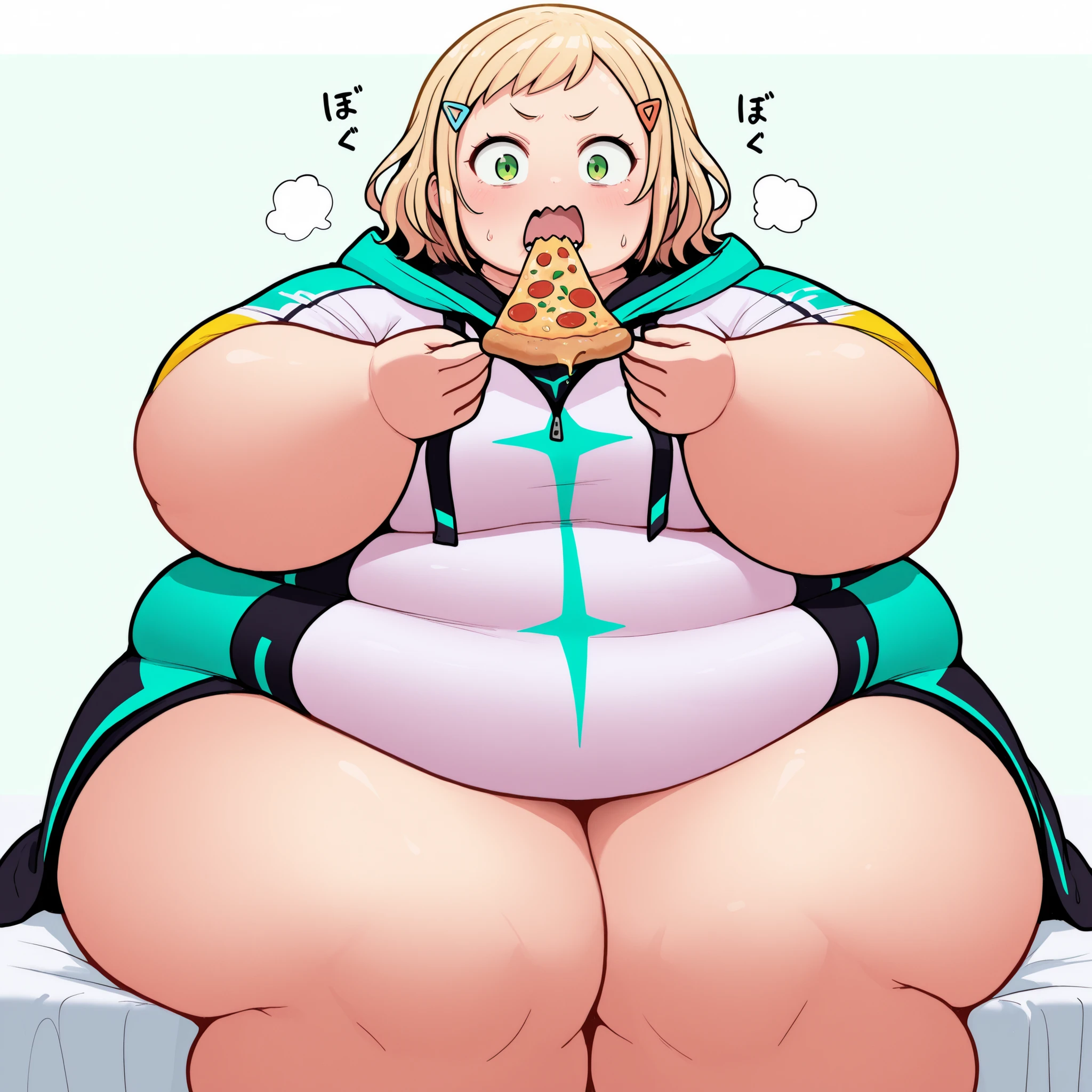 cartoon of a woman with a microphone in her hand, her belly is fat and round, pregnant belly, she has a jiggly fat round belly, pregnant, thicc, cutesexyrobutts, body swelling about to explode, bouncy belly, her belly button is exposed, pregnant female cyborg, belly tearing, belly swelling, in pain, belly turning red, extremely pregnant, popping, farting, becoming a blimp, becoming a massive balloon, belly creaking, belly huge, obese, exploding, huge breasts, huge ass, extremely bloated, immobile, to full to move