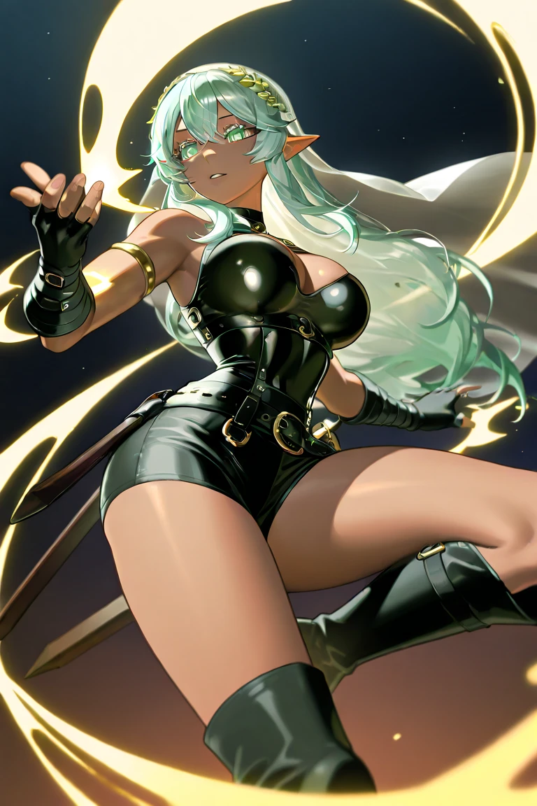Buzz cut , perfect anatomy 1 girl tall solo, ((black skin:1.3)), slim thick, colored skin, ((muscular)) high dark elf toned body, silver pasties on breasts, ((small breasts:1.4)), metal silver cape, slendered abs, ((garter belt on hips)), midriff exposed, ((pressed cleavage:1.3)), hourglass waist, detailed face, defined cheekbones, puffy lips, gauntlets, (((tall gold crown))), shadow over eyes, looking at viewer, masterpiece, ((white thigh high lingerie))