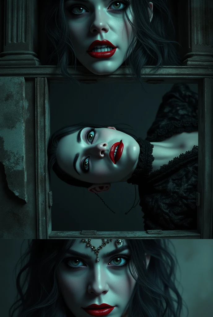 arafed picture of a woman with blue eyes and a red lip, vampire portrait, creepy gothic portrait, gothic face, portrait of a lady vampire, portrait of beautiful vampire, portrait of a vampire, mysterious portrait, elegant victorian vampire, portrait of a dark goddess, portrait of a dark witch, carmilla vampire, dark fantasy portrait, beautiful vampire queen, gothic makeup