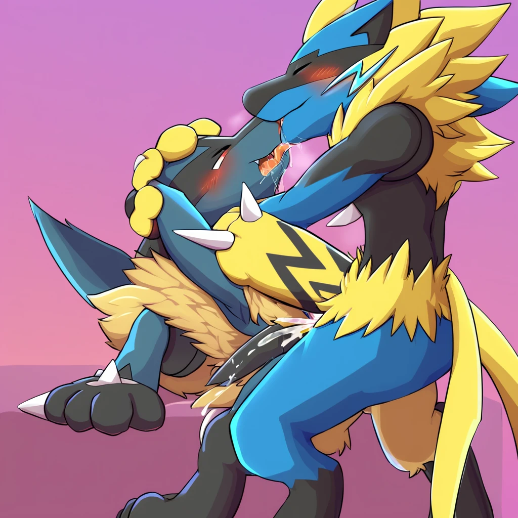 seth-iova, gigant arcanine_(pokemon), male, male arcanine, feral, big_dom_small_sub, dominant, duo, white background, big tail, gay, sex, little lucario,