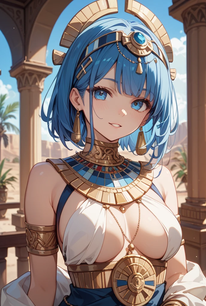 1 girl, short hair, light blue hair, Egyptian queen, sexy, thighs, palace, glowing, wallpaper, sidelighting, Egyptian vibe, Egyptian symbols