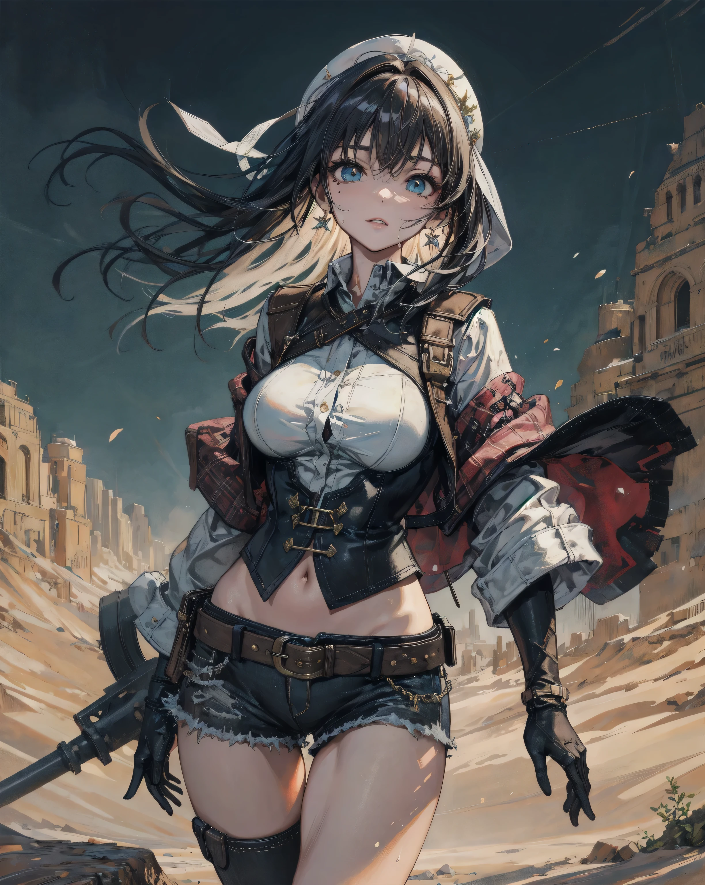 masterpiece, highest quality, Very detailed, 16k, Ultra-high resolution, Cowboy Shot, Detailed face, Perfect Fingers, 12-year-old girl, AURA, HORNS, LONG HAIR, LOOKING AT VIEWER, BRAID, GLOVES, TWIN BRAIDS, ELBOW GLOVES, NAVEL, BLACK GLOVES, CLEAVAGE, NAVEL CUTOUT, CLOTHING CUTOUT, SKIRT, BARE SHOULDERS, LARGE BREASTS, desert, Stand in the center, Laugh fearlessly