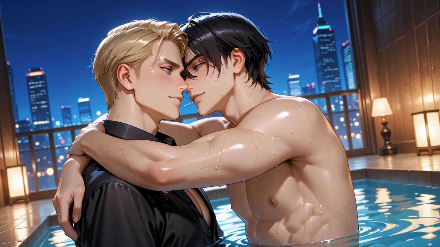 2 people, 2 shots, boys are 14 years old, blond hair boy and black hair boy, elegant, at night, Ingenious angle, friends, in the water, clear eyes