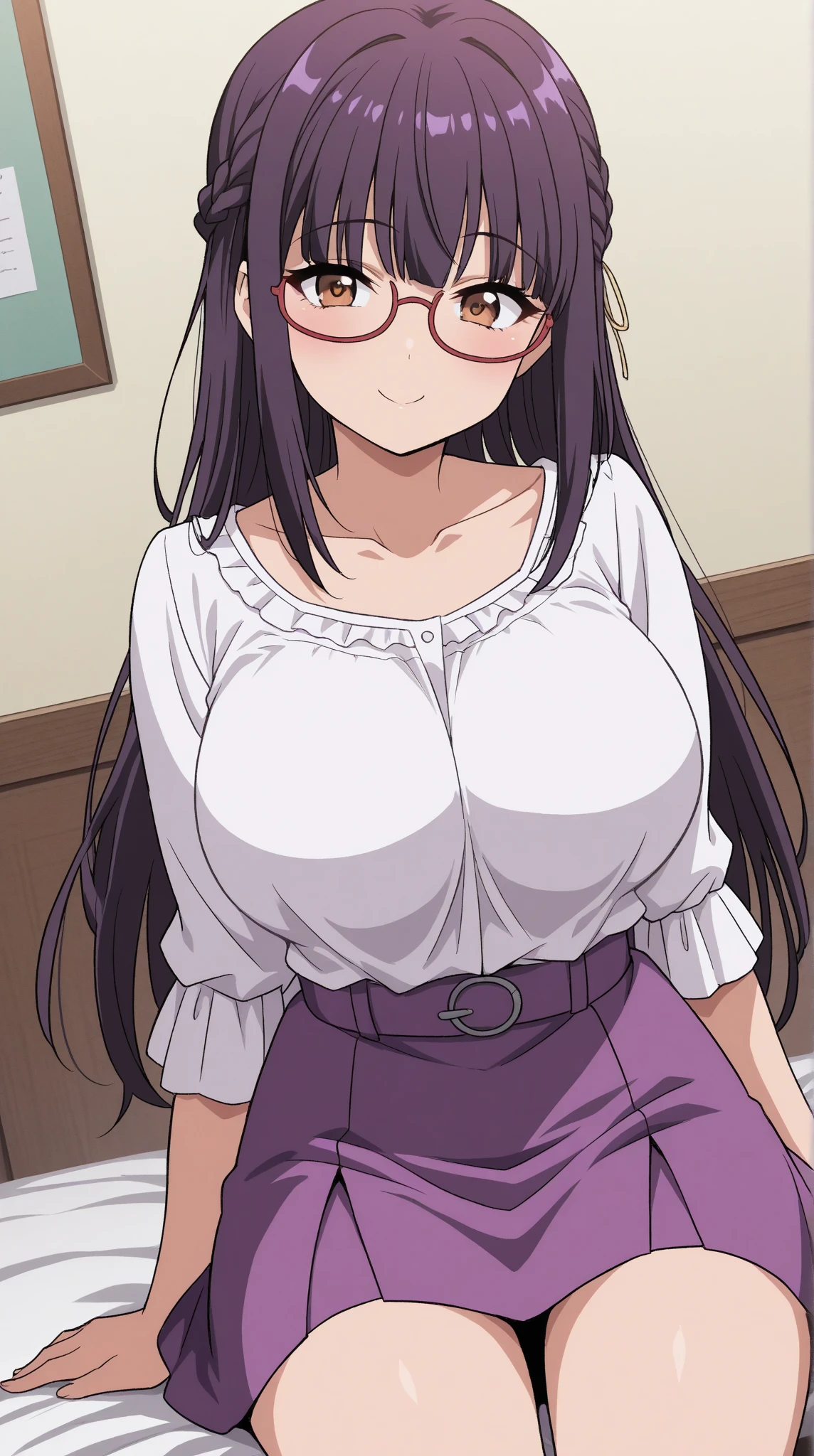 1 milf, long hair, wearing glasses, wearing a white t-shirt and long black trousers , smiling