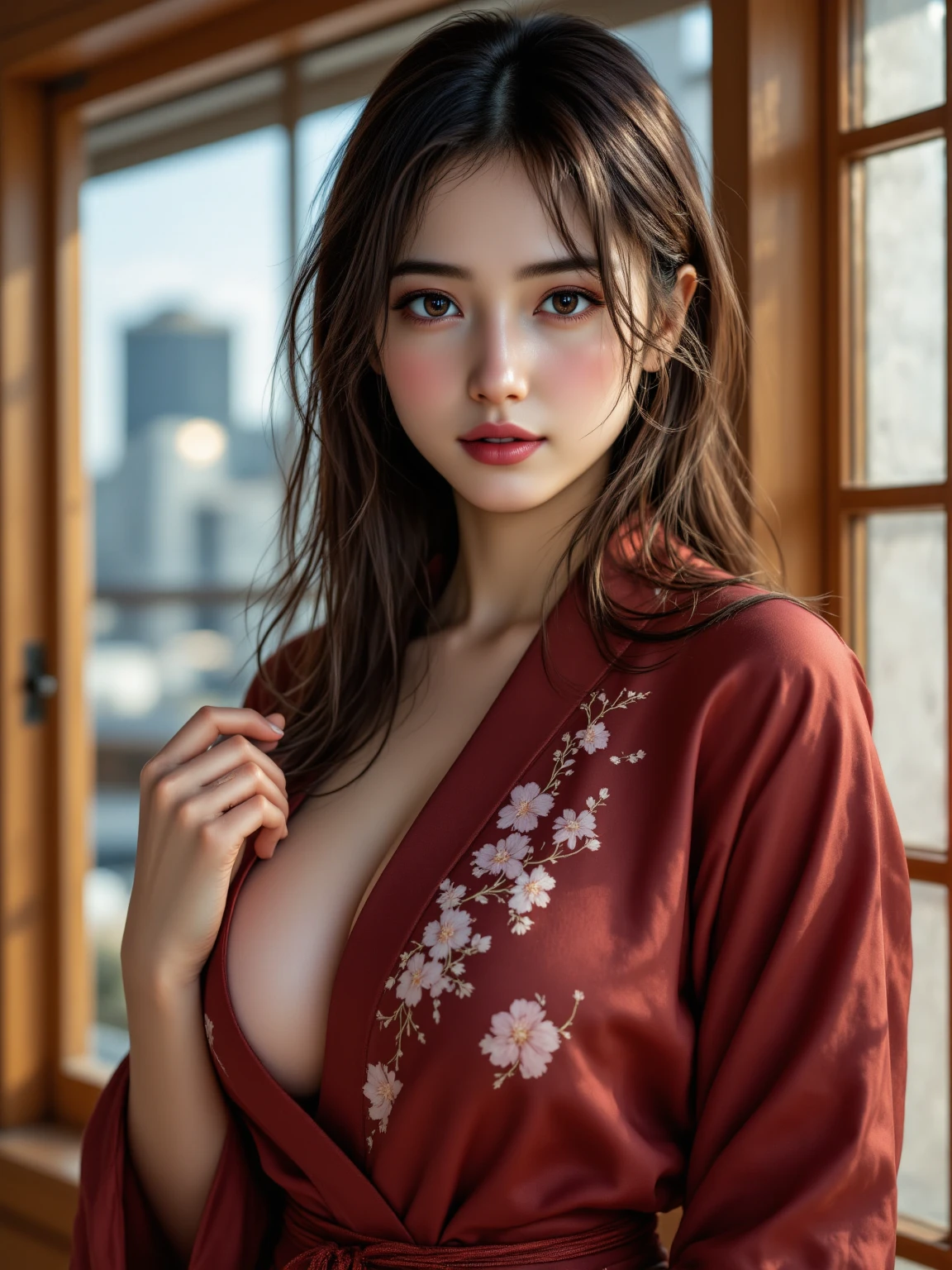 (8k、RAW Photosgraphy、Highest quality、masterpiece:1.2)、(Realistic、Realistic:1.37)、Ultra-high resolution、One Girl、cute、alone、night、Sitting、(Laughter:1.1)、(Closed)、Huge 、Beautiful Eyes、(((Fireworks bursting into the sky、night)))、(((Patterned micro mini kimono、Patterned micro mini yukata)))、Cleavage、Perfect body、Perfect Fingers、Professional Lighting、Japanese Goddess、gravure、Detailed face and skin texture、Detailed eyes、RAW Photos、I can see her black panties、The yukata is open, revealing her sexy underwear.:1.5,Orange kimono、Orange Yukata