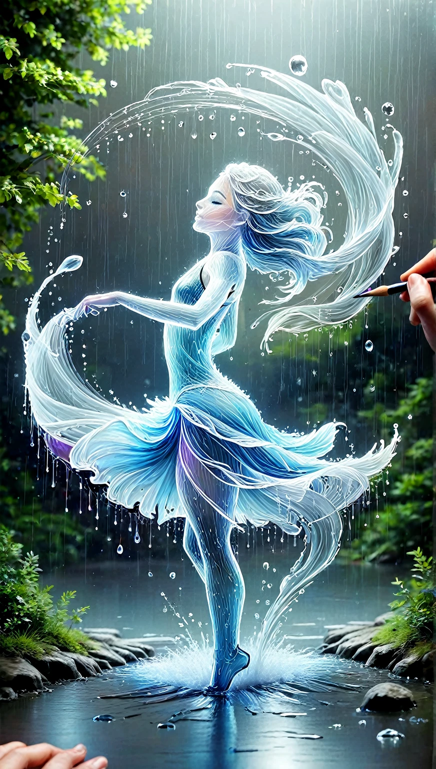 Une feuille de papier sur un bureau, Dessiner sur une feuille de papier, Dessiner une danseuse 4D de style encre uhd époustouflante et à couper le souffle, danseuse invisible déshabillée dansant sous la pluie, L’eau de pluie d’une personne invisible coule sur elle , Jour de pluie, effet holographique qui semble sortir de la feuille de dessin, dessin extrêmement détaillé, hyperréaliste, Des détails sublimes. Un travail vraiment remarquable, travail joyeux et sensuel, arrière plan minimaliste