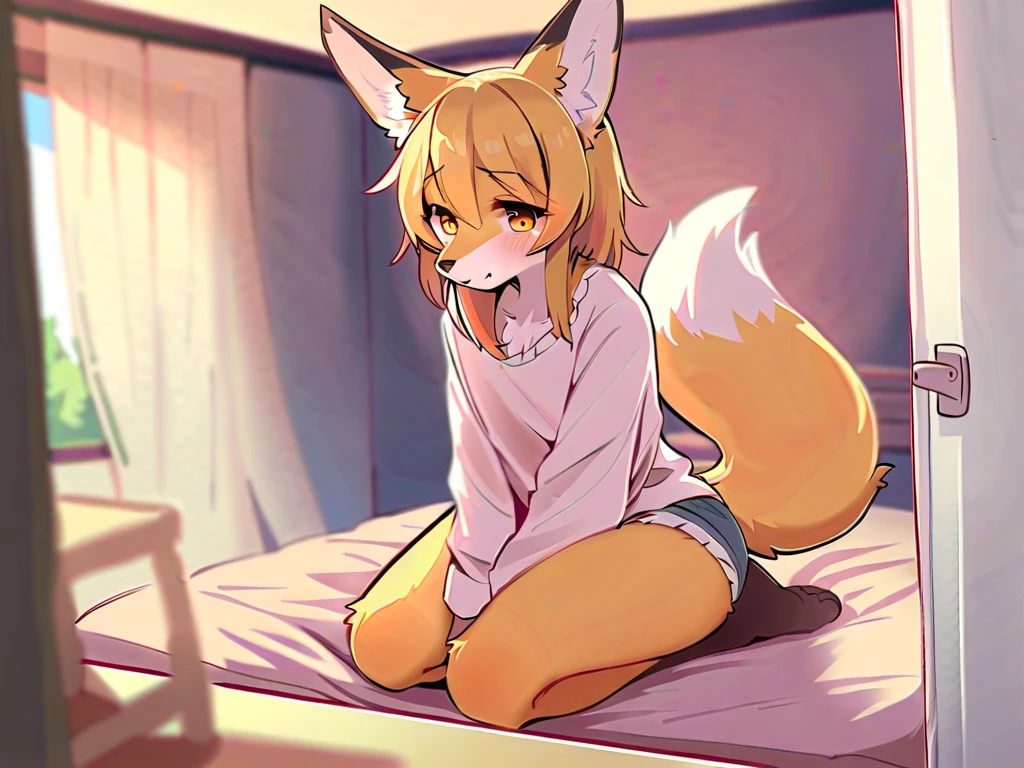 best quality,best resolution,(fluffy anthro furry :1.6),fox girl, 1 girl, solo, back view,in bedroom on all fours, small breasts,light yellow long hair,wavy hair,light yellow fox ears,light yellow fox tail,light yellow fur,yellow eyes,glistering eyes,sparkle eyes,glasses,heart necklaces,sweating,very hot,naked, full naked, cummed, cumshot,romantic light,face blush,beautiful face,shy smile,heart eyes,heary expression eyes