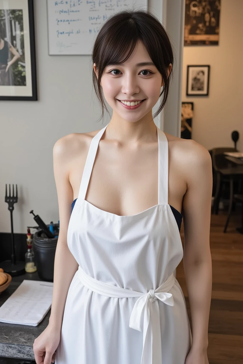 (8K、RAW Photos、Highest quality、masterpiece:1.2)、(Realistic、Realistic)、1 Girl、((Naked Apron、Coffee shop、Small breasts、Nipples、View from the front、smile、Looking into the camera、stand))、cute