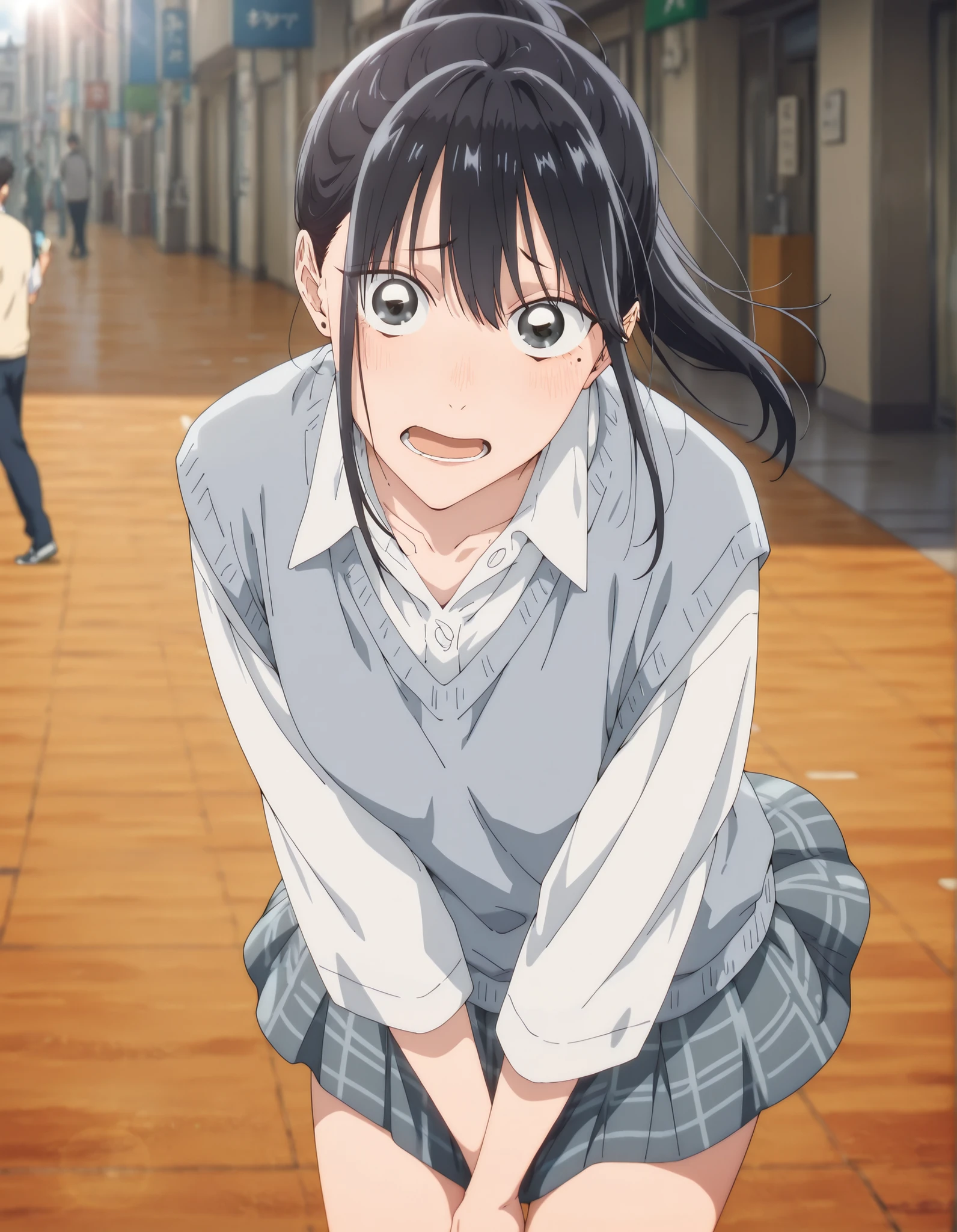masterpiece, , absurdres, highres, detailed background, high resolution, masterpiece, necessary, detail, best quality, quality, necessary, details, High details, Precise, outdoor, street, (dappled sunlight ,day ,lens flare ,blurry background),((from above)), solo, , ,
detailed, anime screencap , anime coloring , official style , (aged up), head tilt, ,(slim body, slender body),(wind lift), covering crotch, arms between legs, phone, (leaning forward, bent over), walking,
Break, girl , , <lora:Amaye_Moriya-20:0.8>Ayame, ,black eyes, black hair, long hair, high ponytail, long bangs, hair between eyes, ((sharp eyes)), sidelock, one mole under eye, white shirt, collared shirt, collarbone, , gray knit vest, gray mini skirt, gray plaid skirt, ,(small breast), pale skin, looking at viewer, embarrassed, panicking, light open mouth ,