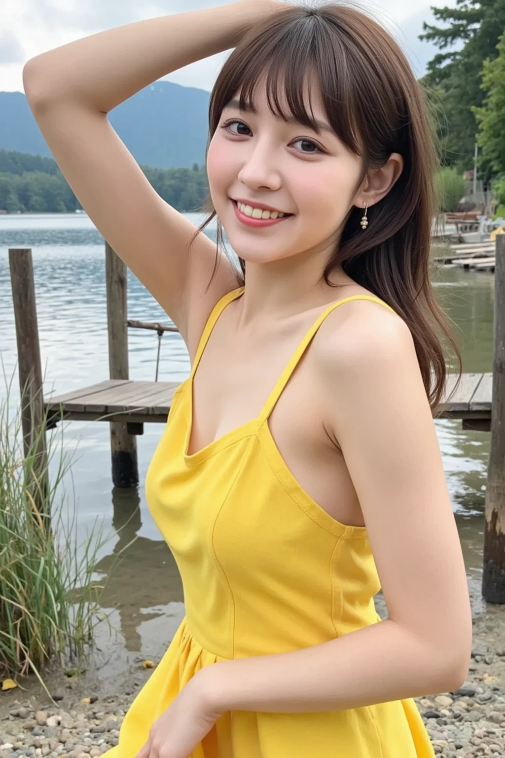 1 girl, alone, looking at the viewer, dark blonde long hair, hair is tied up, (Dark green sheer_Dress, See-through:1.2), brown eyes, Coastal rocky background, small breast , smile, realistic, masterpiece, 最high quality, high quality, High resolution,