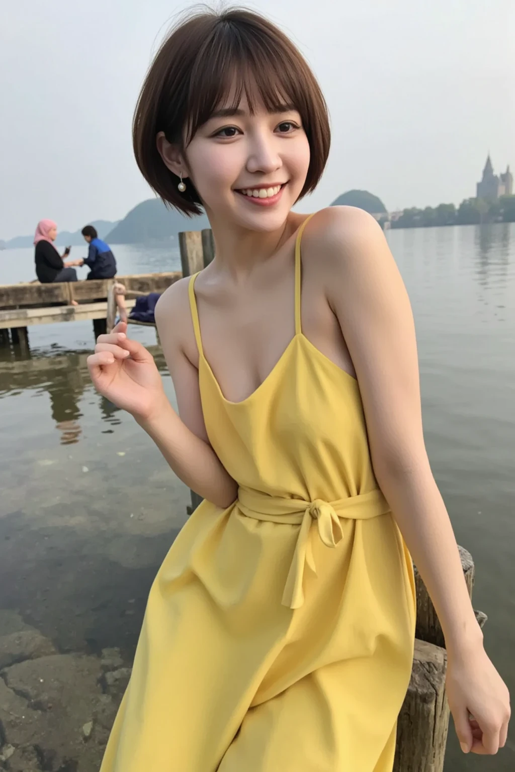 a close up of a woman in a yellow dress on a road, a picture by Sengai, trending on pixiv, shin hanga, young pretty gravure idol, young gravure idol, realistic young gravure idol, young sensual gravure idol, chiho, young skinny gravure idol, mayuri shiina, yasumoto oka