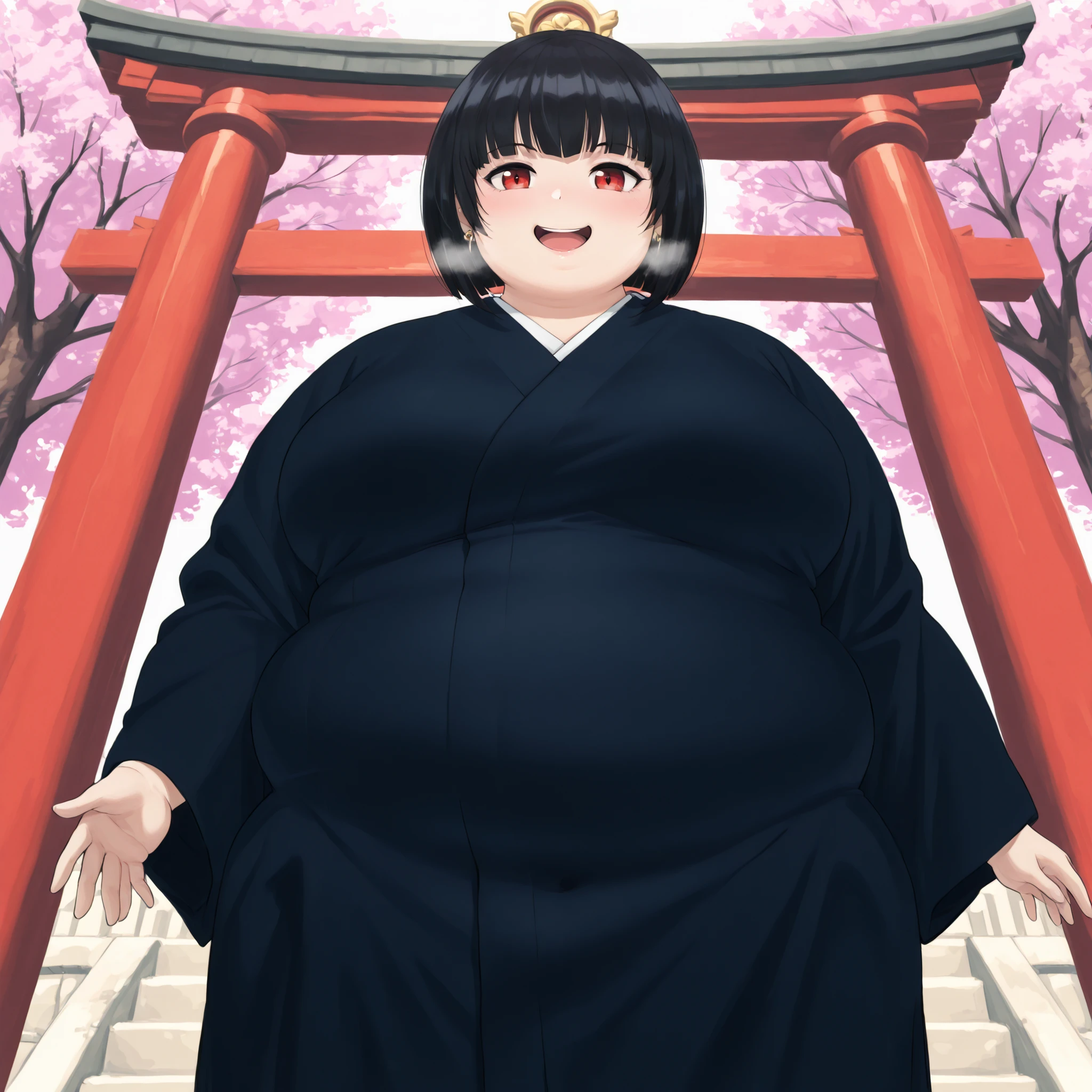 source_anime, score_9, score_8_up, score_7_up, anime screencap,8k, absurd res,
celestia ludenberg, bob cut, blunt bangs, short hair, bangs, black hair, red eyes,
kimono, temple, cherry blossoms, smile, looking at viewer, cowboy shot, dutch angle, fat, chubby, obese, gigantic arms and legs, large breasts open mouth, out of breath