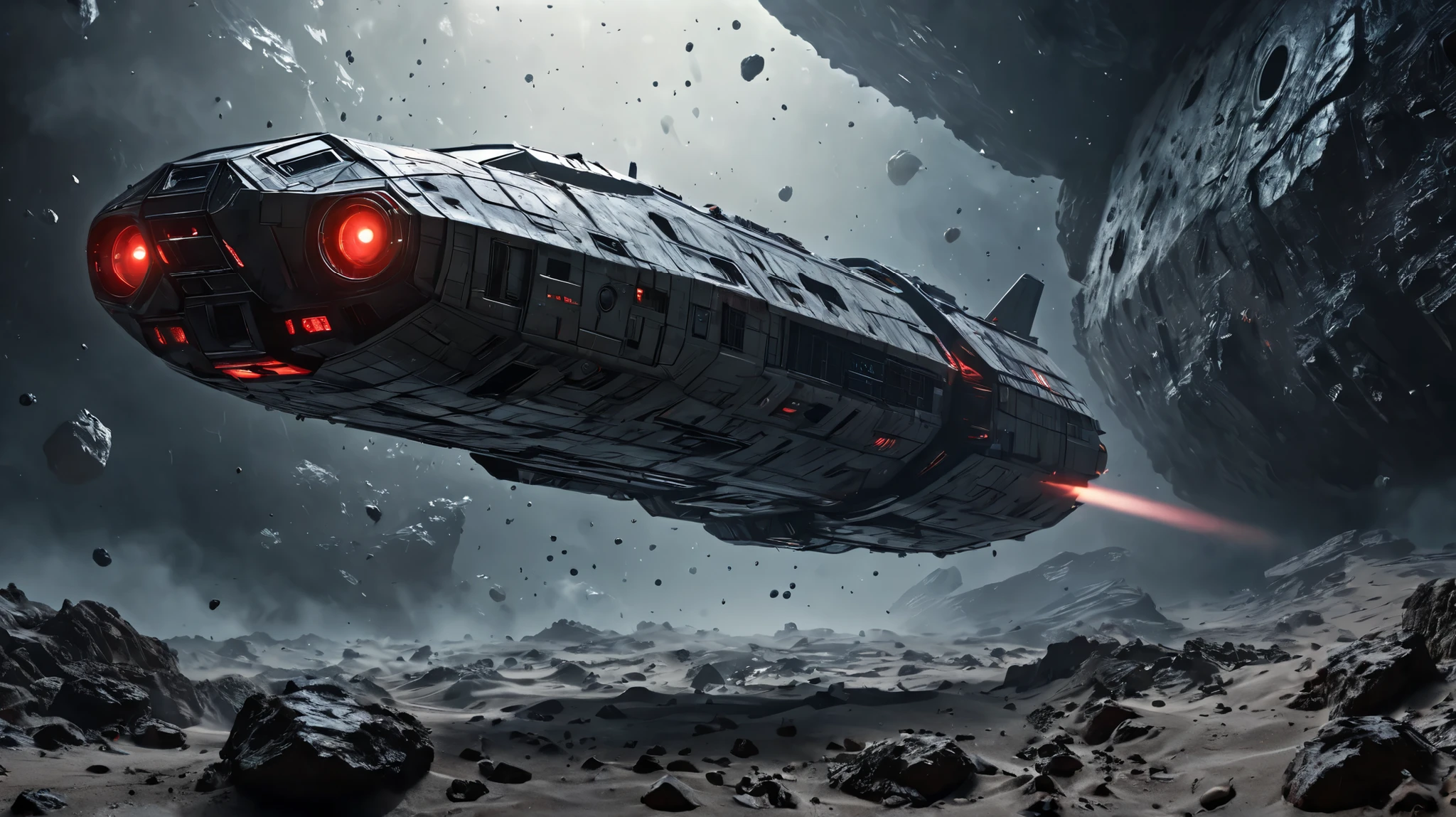 uncontrollable AI spacecraft, drifting through the asteroid field, eaten and shabby hull, glowing red eyes, visible in the darkened windows, cinematic lighting, cloudy atmosphere, , muted color palette, volumetric fog, realistic 3D rendering, complex mechanical parts, advanced technologies, sense of isolation and danger, (лучшее качество,8 k,high definition,masterpiece:1.2),is overdetailed,(realistic,photorealistic,photo-realistic:1.37)