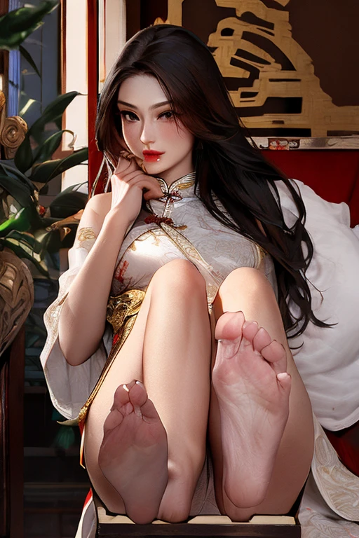A woman is sexy,Wearing black silk,Barefoot,Point your feet at me