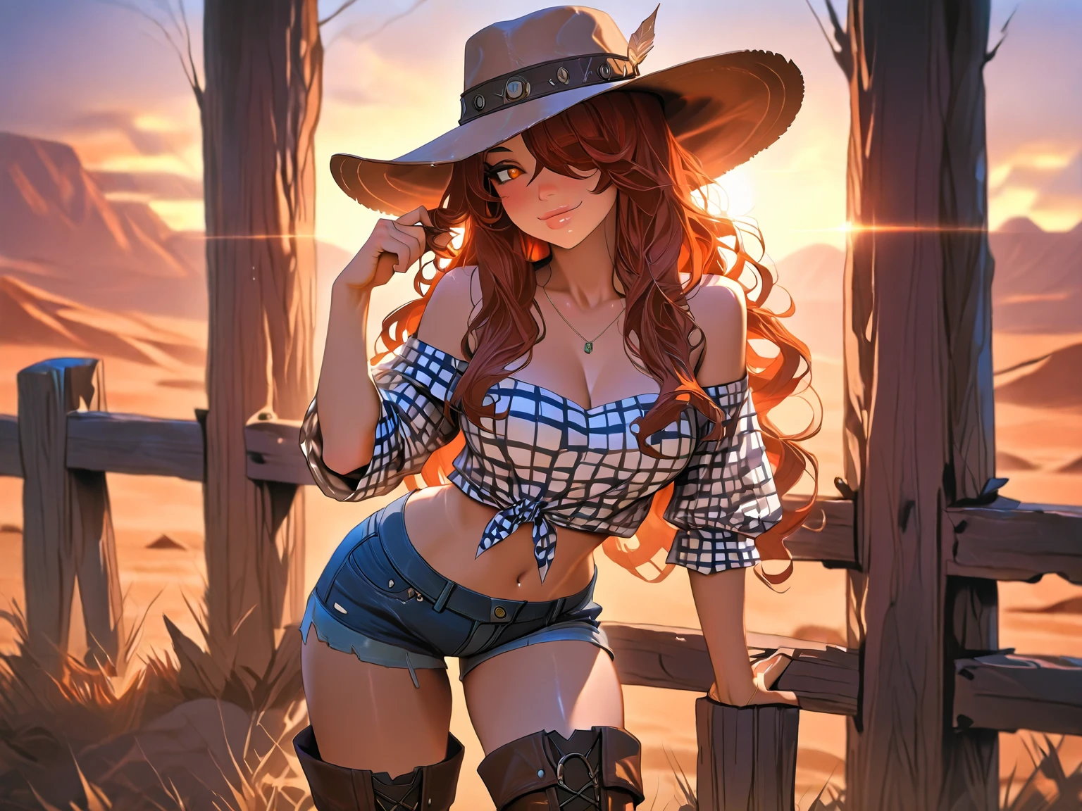 (best quality,realistic:1.37),sunset shimmer standing,wet white underwear,in a small metal tub outside,ranch backdrop,day,cowboy hat,wet body,vivid colors,hazy atmosphere,sparkling water,fading sunlight,gentle breeze,vibrant orange and pink hues,silhouettes of trees in the distance,ripples on the water surface,subtle reflections on the wet body,gleaming droplets on the skin,peaceful and serene ambiance,faint sounds of nature,basking in the warm glow of the setting sun,tranquility in the countryside