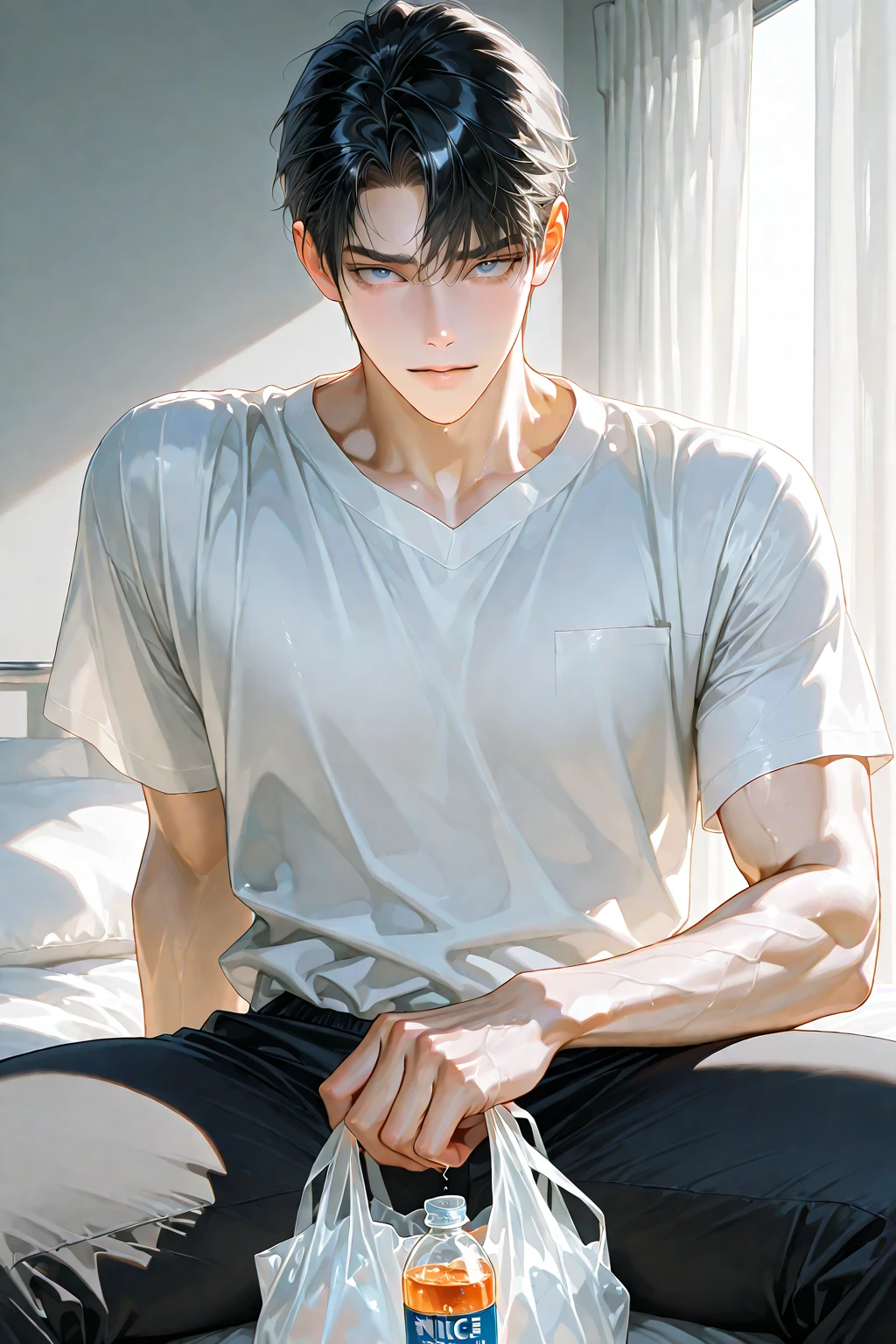 obra de arte, alta qualidade, melhor qualidade, High definition, realista, perfect lighting, um homem, rosto detalhado, cabelo preto curto, Bata hospitalar branca, pained expression, Deitado em uma cama de hospital, hands on chest, corpo todo, panorama, Distant view