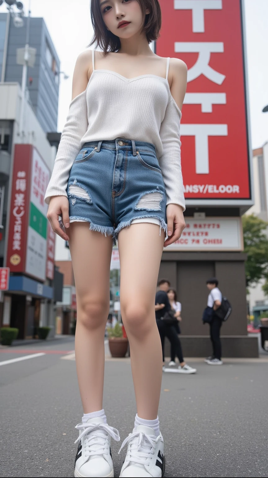 ((masterpiece)),(((Highest quality))),((Character design sheet)), Thin thighs,Long legs,18 year old Japanese girl, Cute type,The best smile:1.5，white long hoodie:1.5, Black panties in full view 1.5，Very short hair ,  (Highly detailed skin), The background is gray，Tuck up your clothes:1.5，Wearing a hood:1.5，