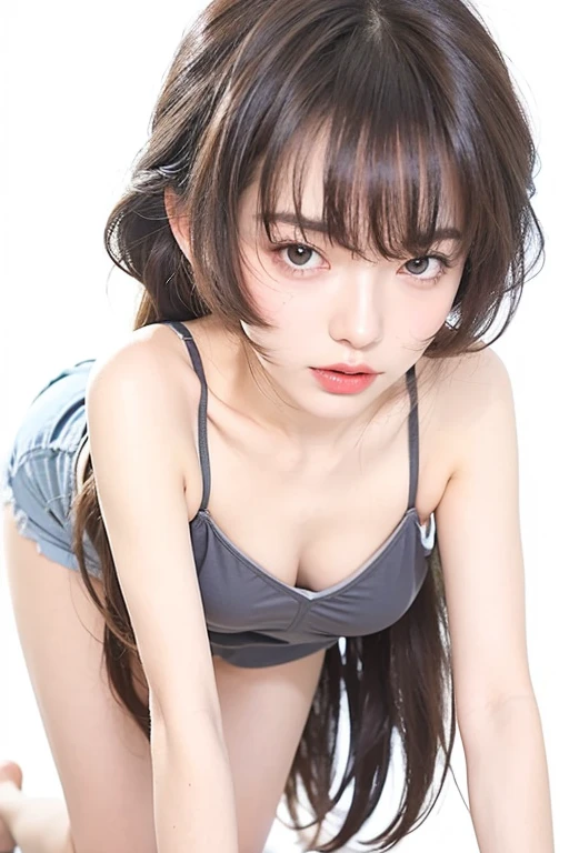one person、16 years old、Full body photo、slender、woman、White drool coming out of the mouth、Twin tails、 Fair skin, messy hair, super cute、Soft and Face、8k resolution、Surreal、Ultra high definition、 A-cup small breasts((Highest resolution、8k、masterpiece:1.3))、Ultra-fine face、Ultra Fine Lips、Beautiful Eyes、double eyelid,Light blue wall、White bikini swimsuit:1.1、Thighs、thin,Thighs are visible、Shapely small breasts、