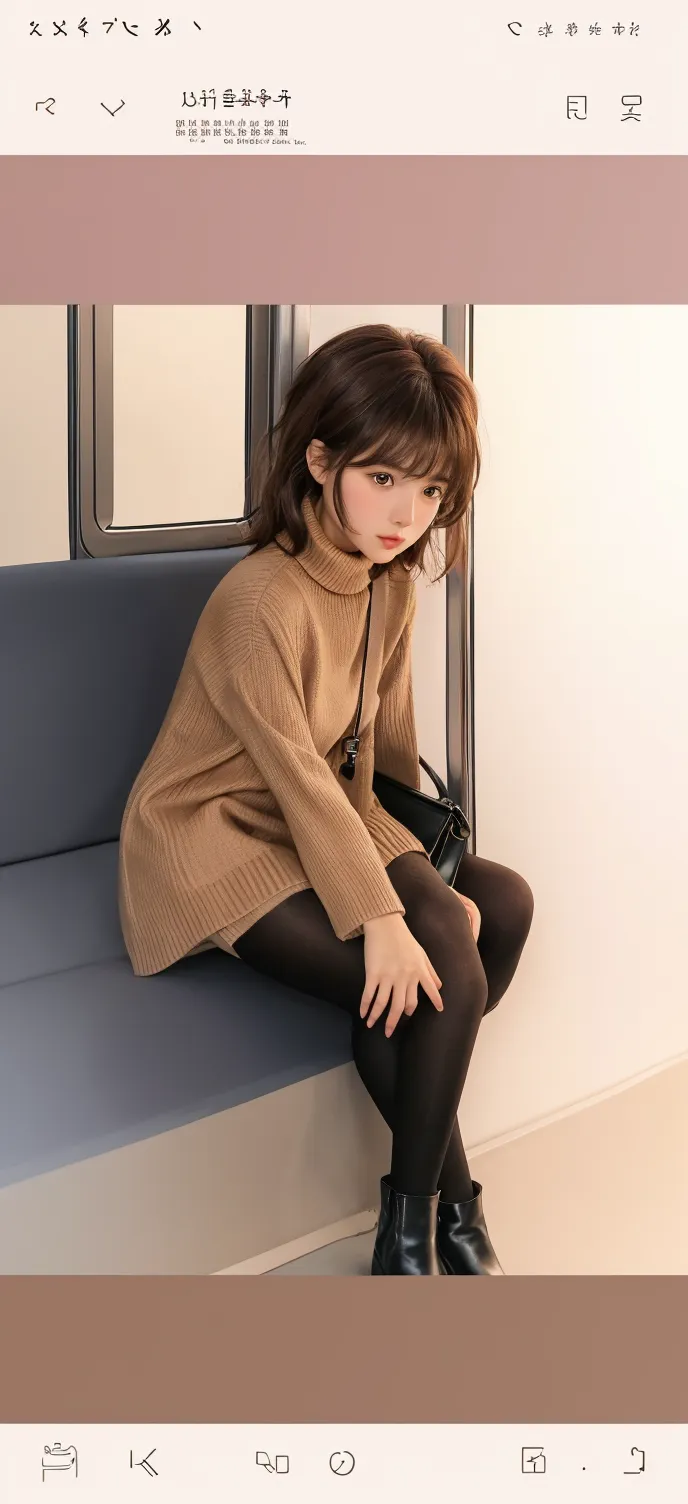 Photos taken by a professional photographer,Close-up of a woman squatting on the sidewalk, Young and cute Japanese model, Wearing a random color casual sweater,Short brown hair with side waves, Black high heels,nice smile、Wearing a black miniskirt、Thighs clean、