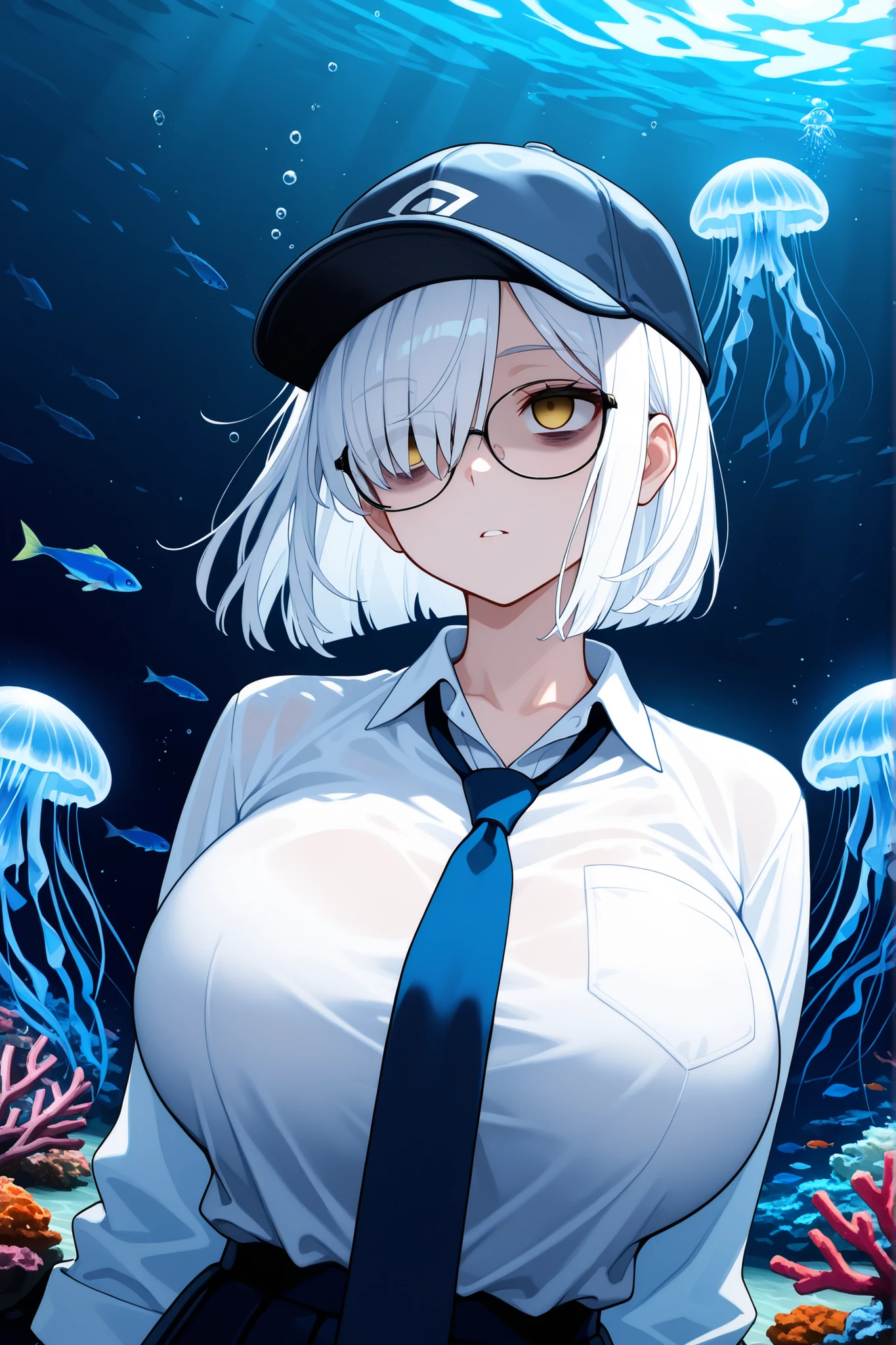 masterpiece, best quality, ultra detailed, high resolution, highly detailed CG, unity 8k wallpaper, ultra detailed skin, perfect anatomy, beautiful face with attention to detail, high res, chiaroscuro, highly detailed background, intricately designed clothing, cinematic lighting, side, dynamic angle, ARW、1girl, japanese girl floating listlessly in water, glasses, huge breasts, white hair, medium hair,one curl bob cut,hair over one eye, exhausted ,shaded face, blank stare,bags under eyes,dress shirt , tie, baseball cap, yellow eyes, empty eyes, , coral reef with swimming fish, underwater photography, underwater image, bubbles in water, beautiful underwater scenery, school of fish, many jellyfish, weightlessness, light particles, (ambient occlusion:0.9),