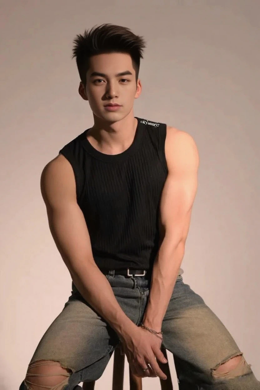 Best quality, Masterpiece, Super high resolution, (Realistic: 1.6), Detailed face, Detailed eyes, Delicate and fair skin, young handsome male, 18 years old, Muscular, Large colorful tattoos, underwear, Sneakers, Black hair, full bodyesbian, (Forest meadow: 1.6), Bright light