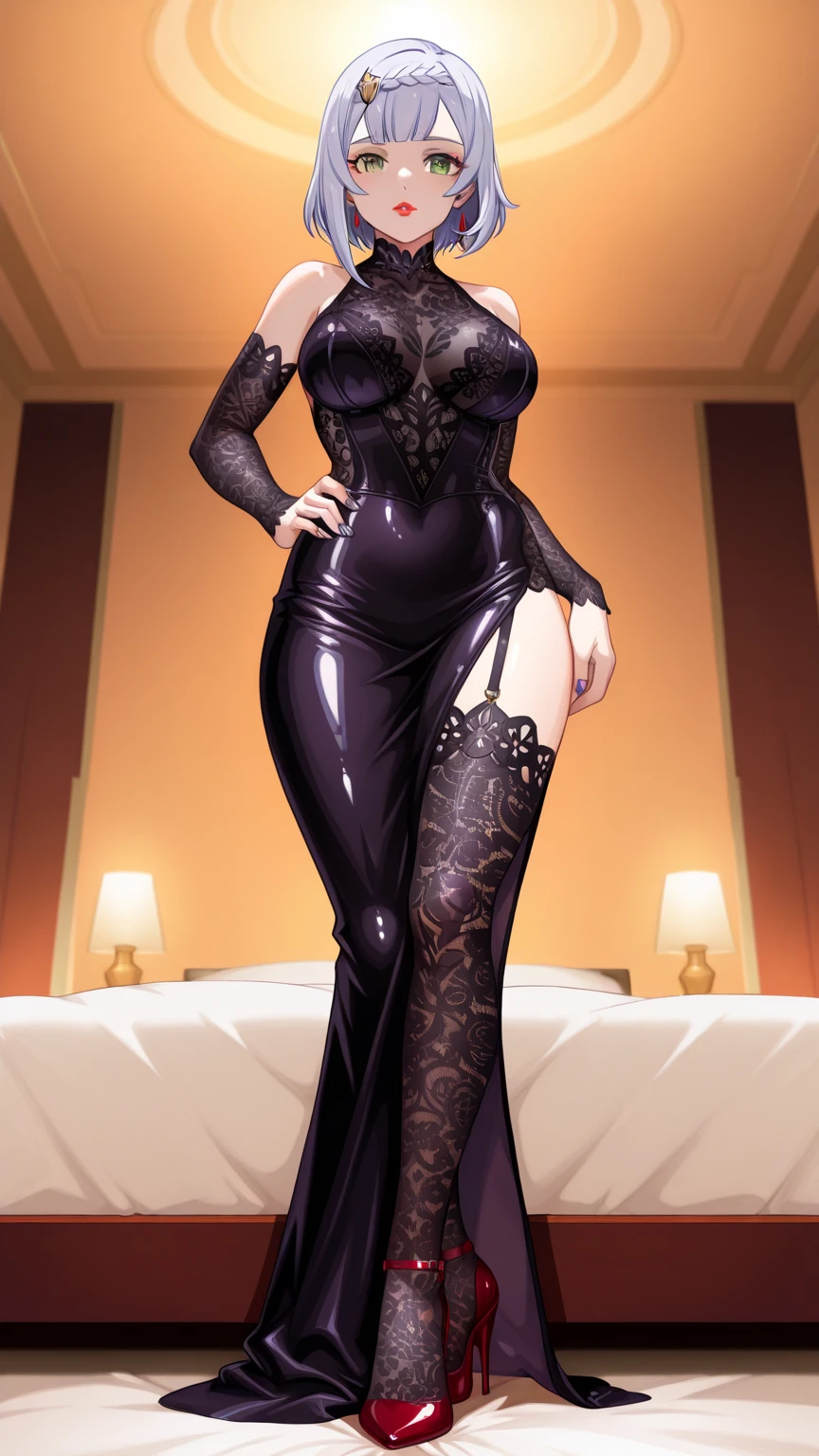 (NSFW: 1.0), (Best Quality, Masterpiece: 1.1), (Fidelity: 1.4), Woman, 22 years old, Lustful look, Flushed face, Face of Pleasure, Lustful expression, Lascivious half-open mouth, Short red hair messy, Eyes purple color, In the Main Room, night moonlight, lace stockings, Lace choker, Hearts flying, Transparent lingerie, sitting in an armchair, legs open, full body, high heels,  bare crotch, camel paw, hairy pubic anatomy detailed, small breasts, hard chest beak, looking at the viewer, pov from above, comics style, analog style, illustration, lineart. heart pupil