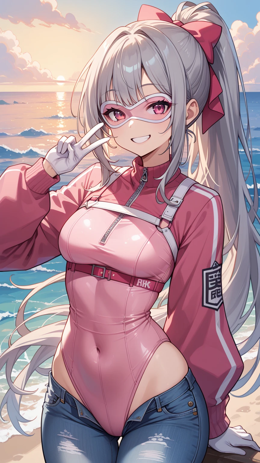 1girl, absurdres, bikini, black_bikini, black_jacket, bracelet, round chest, closed_mouth, smile,happy collarbone, commentary_request,alice (nikke), hair_ornament, hairclip, highre, idolmaster, idolmaster_shiny_colors, jacket, jewelry, large_chest, looking_at_viewer, multiple_bracelets, navel, off_shoulder, open_clothes, open_jacket, pearl_bracelet, purple_eyes, long_hair, side-tie_bikini_bottom, signature, strap_slip, swimsuit, twintails, very long hair, grey hair, headset with baby bunny ears, pink eyes, shrug \(clothing\), multicolored gloves,sitting in a beach,lay on towel,full body,sexy pose,hand hold a drink,sitting underneath a beach umbrella ,whole body ,3/4 angle, fish fov

BREAK

((masterpiece)), (top quality), (best quality), (((ultra-detailed, 8k quality))), (large masterpiece digital art), (detailed line art), ((perfect anatomy)), extremely detailed body, extremely detailed finger, best hands, perfect face,perfect ears, beautiful face, (blush), extremely detailed eyes, ((expressive eyes)), gradient eyes, beautiful eyes,glowing eye pupils,perfect ears,perfect eyes, perfect fingers,perfect nails,

BREAK

(intricate background of scene decorations), beach space,after noon atmosphere,after noon light,sandy beach,pov eye,1 lighting,dynamic lightin,palm trees,sea starts,sparkles,calamari on the bach,rocks,1towel1 drink,beach umbrella 