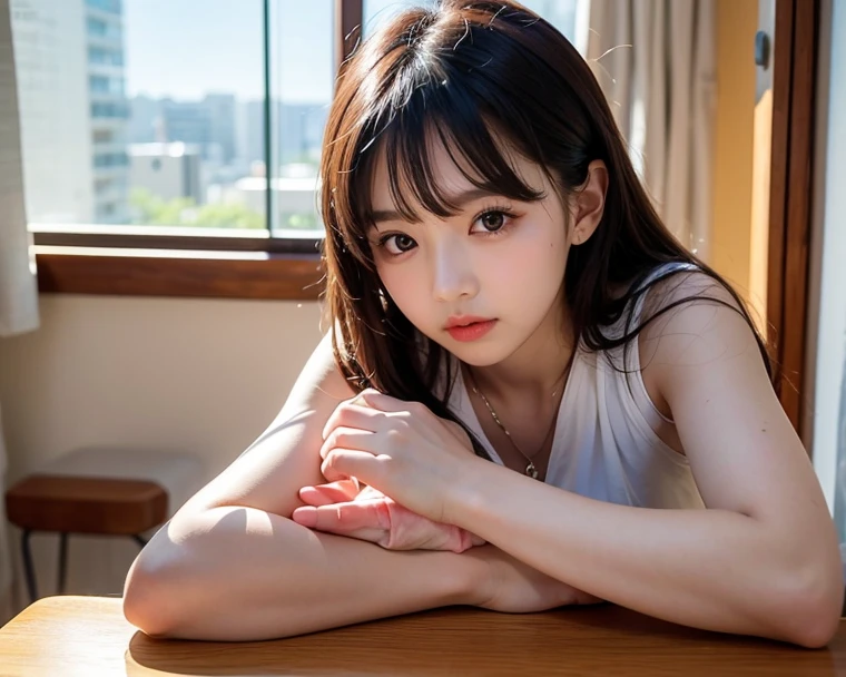 tmasterpiece，top-quality，offcial art，Highly detailed CG Unity 8K wallpapers，like a college girl，20 years girl，Very delicate beautiful，超A high resolution，（realisticlying：1.4），1 hour of writing，（The upper part of the body），（Platinum Long Hair：0.8），（Puffy eyes），looking at viewert，facing front，ssmile，Everyday clothes，（chiayi：1.5）， tmasterpiece， best qualtiy， RAW photogr， realisticlying， faces， incredibly absurd res， Buatigarh， depth of fields， hight resolution， ultra - detailed， finedetail， Very detailed， extremely detailed eye and face， Sharp pupils， pupil realistic， tack sharp focus， cinmatic lighting、laying on a couch、A dark-haired、   genitals、Female genitals、Appeal