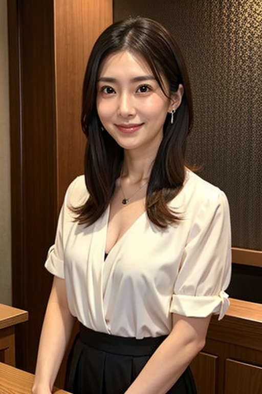((Highest quality)), ((masterpiece)), (detailed),Perfect Face,Japanese,Fair skin,Upper Body,Long Hair,Office Lady,Women's Ana Style,smile,Cleavage,blouse,Mature Woman