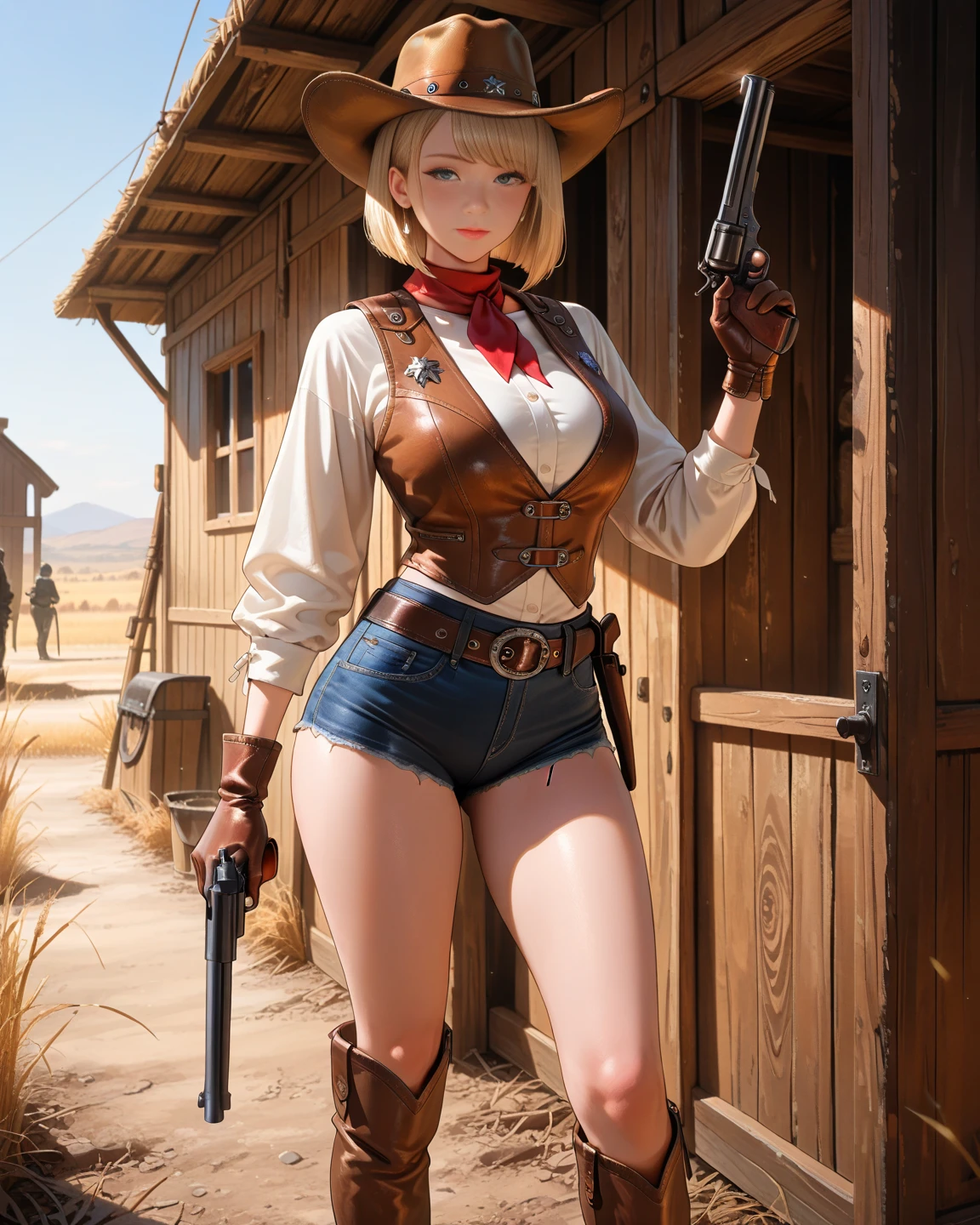 (((Cowgirl Costume))),(((Wear low-waisted denim shorts and short western boots))),(((Wear a western hat))),(((wear a leather belt))),(((He is wearing short sleeves, Plaid, front tie shirt))),(((Wear a leather gun belt with a holster around your waist:1.5))),(((Wear a watch on your wrist))),(((Showing cleavage))),(((Bare inner thighs))),(((Bare arms))),(((Her hair is blonde))),Beautiful detailed girl, Very detailed目と顔, 緻密でBeautiful Eyes, Very detailedな, High resolution, Highest quality, masterpiece, Very detailed, 8k wallpaper, wonderful, finely, Highest quality,One girl,(((Basement at night:1.5))),(((Standing in front of a wooden wall))),Beautiful Eyes,((Crying face:1.0)),((Drunk and having hiccups:1.5)),Open your mouth